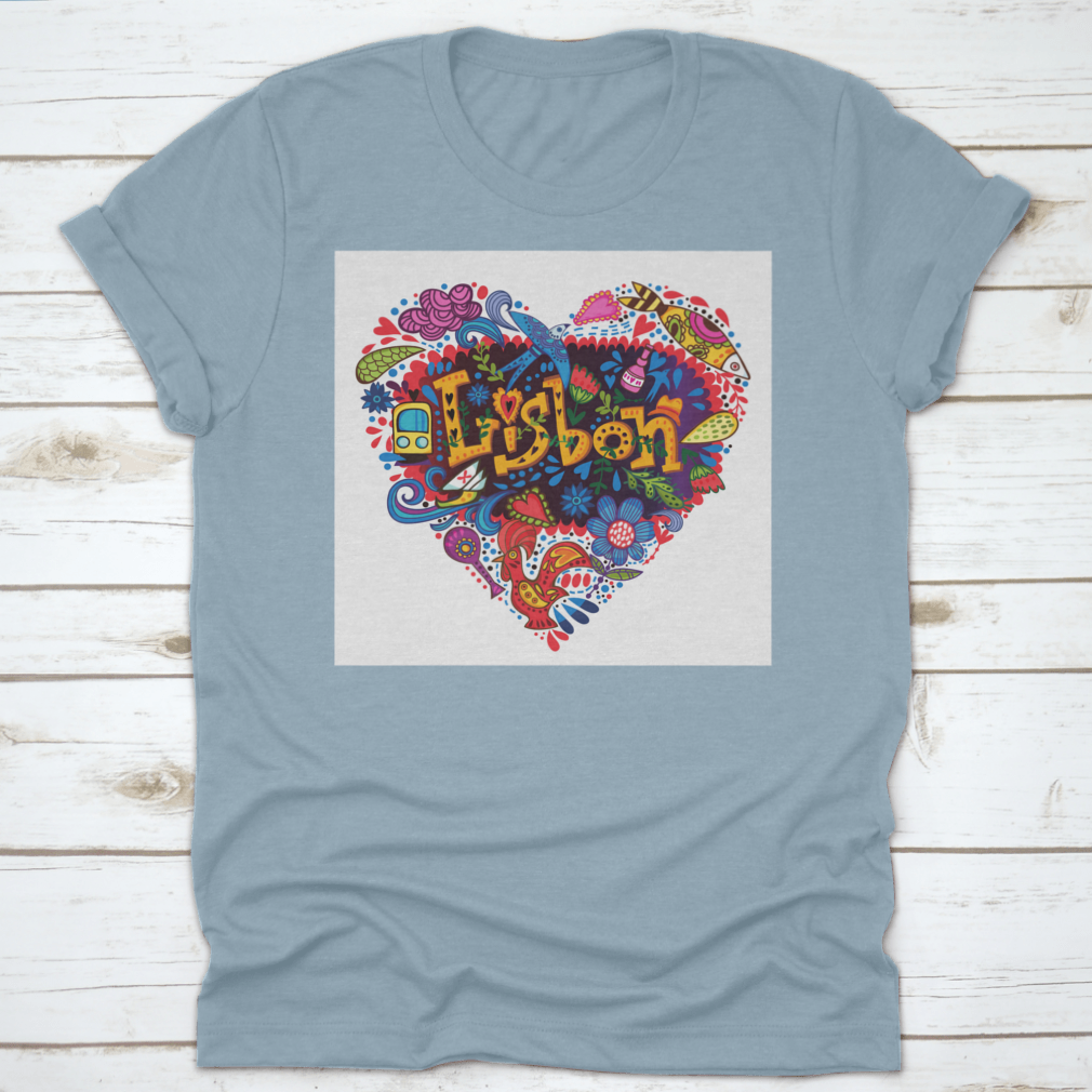 Heart Made From Lisbon Symbols T-shirt featuring iconic landmarks and vibrant colors, perfect for showcasing love for the city.