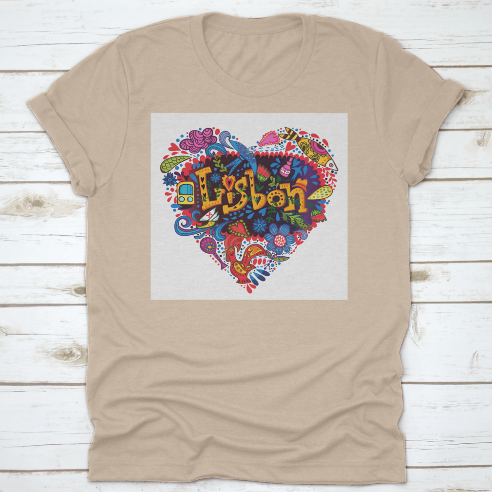 Heart Made From Lisbon Symbols T-shirt featuring iconic landmarks and vibrant colors, perfect for showcasing love for the city.