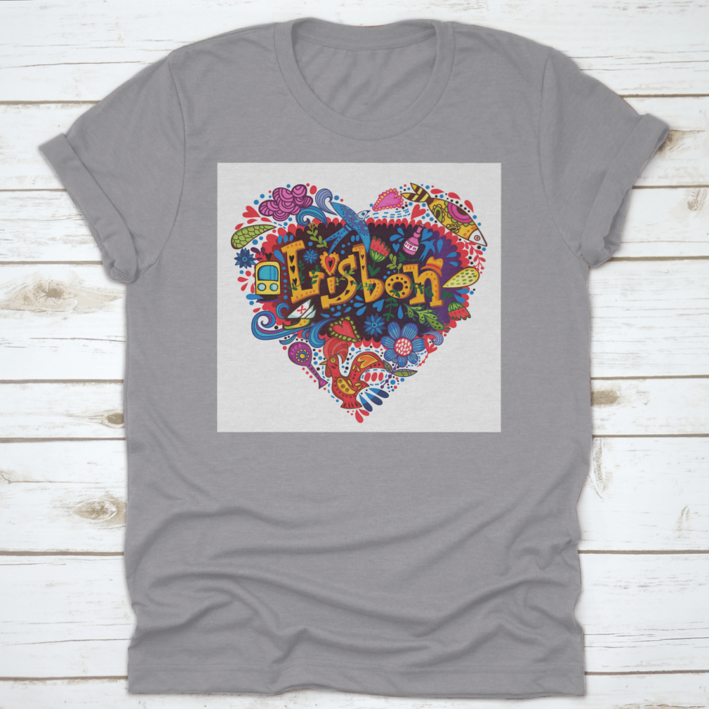 Heart Made From Lisbon Symbols T-shirt featuring iconic landmarks and vibrant colors, perfect for showcasing love for the city.