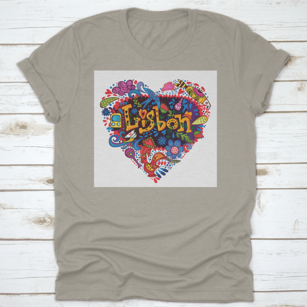 Heart Made From Lisbon Symbols T-shirt featuring iconic landmarks and vibrant colors, perfect for showcasing love for the city.