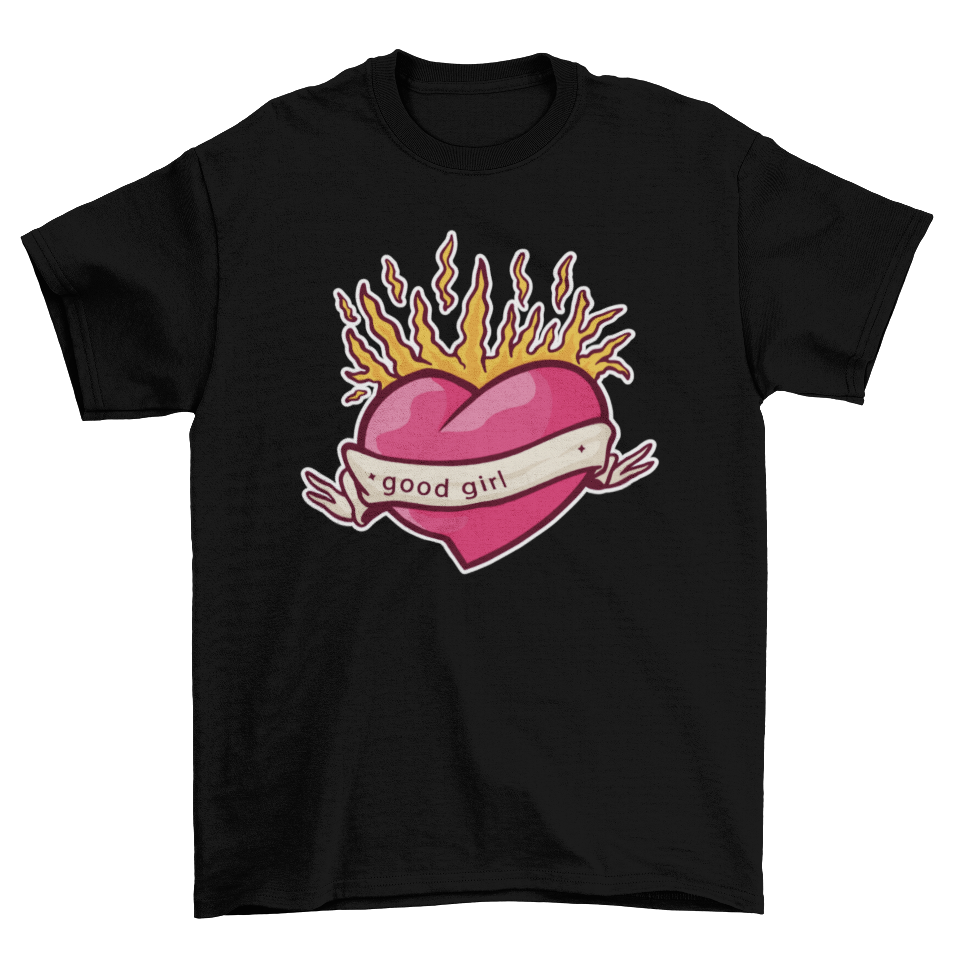 Heart on fire tattoo t-shirt featuring a vibrant heart design and the quote 'Good girl' in tattoo style.