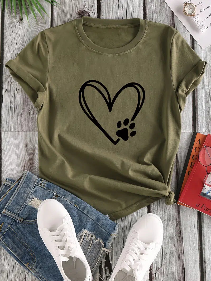 Heart Paw Print T-Shirt made of soft cotton, featuring a stylish heart-shaped paw print design.