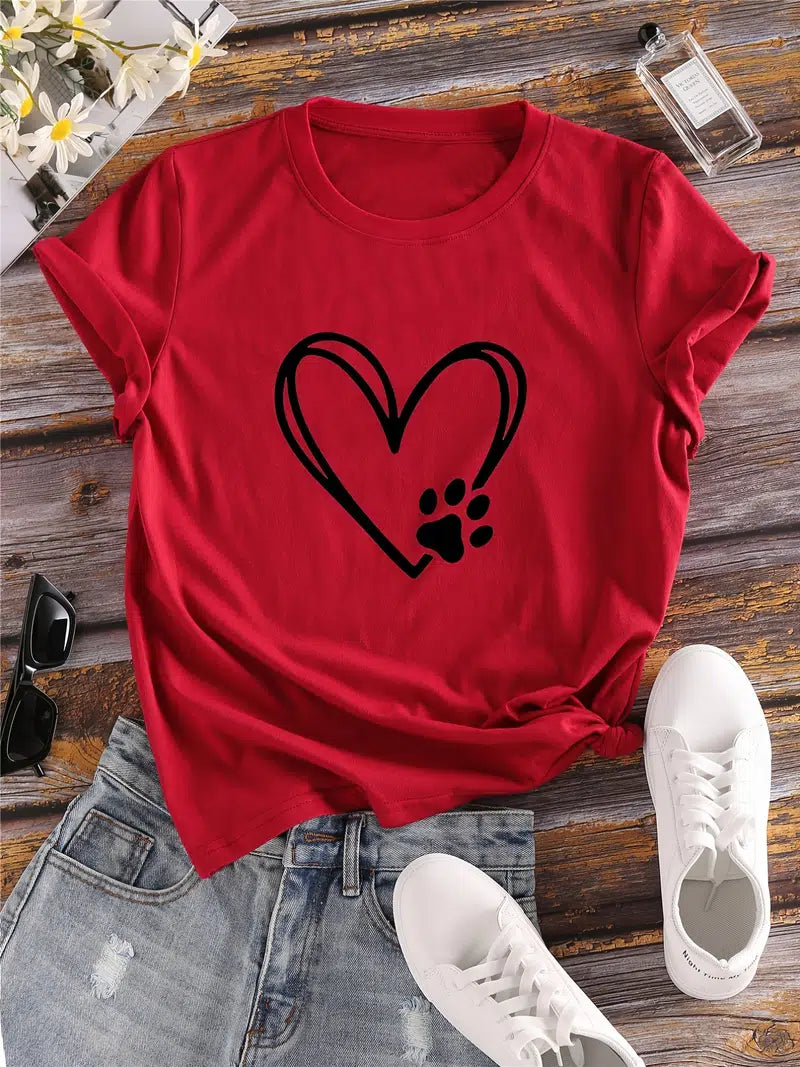 Heart Paw Print T-Shirt made of soft cotton, featuring a stylish heart-shaped paw print design.