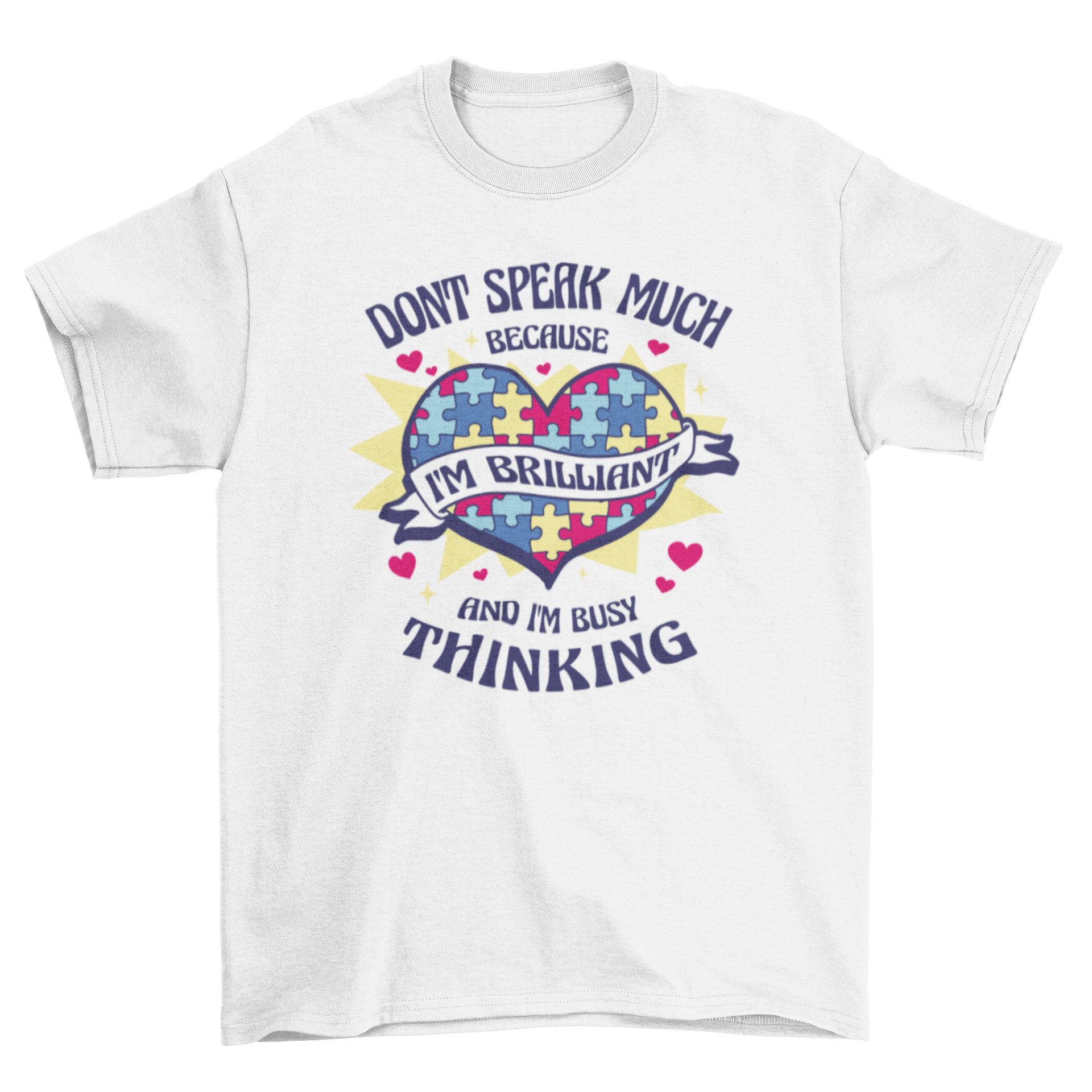 A stylish t-shirt featuring a heart made of colorful puzzle pieces with an inspiring quote about brilliance and thinking.