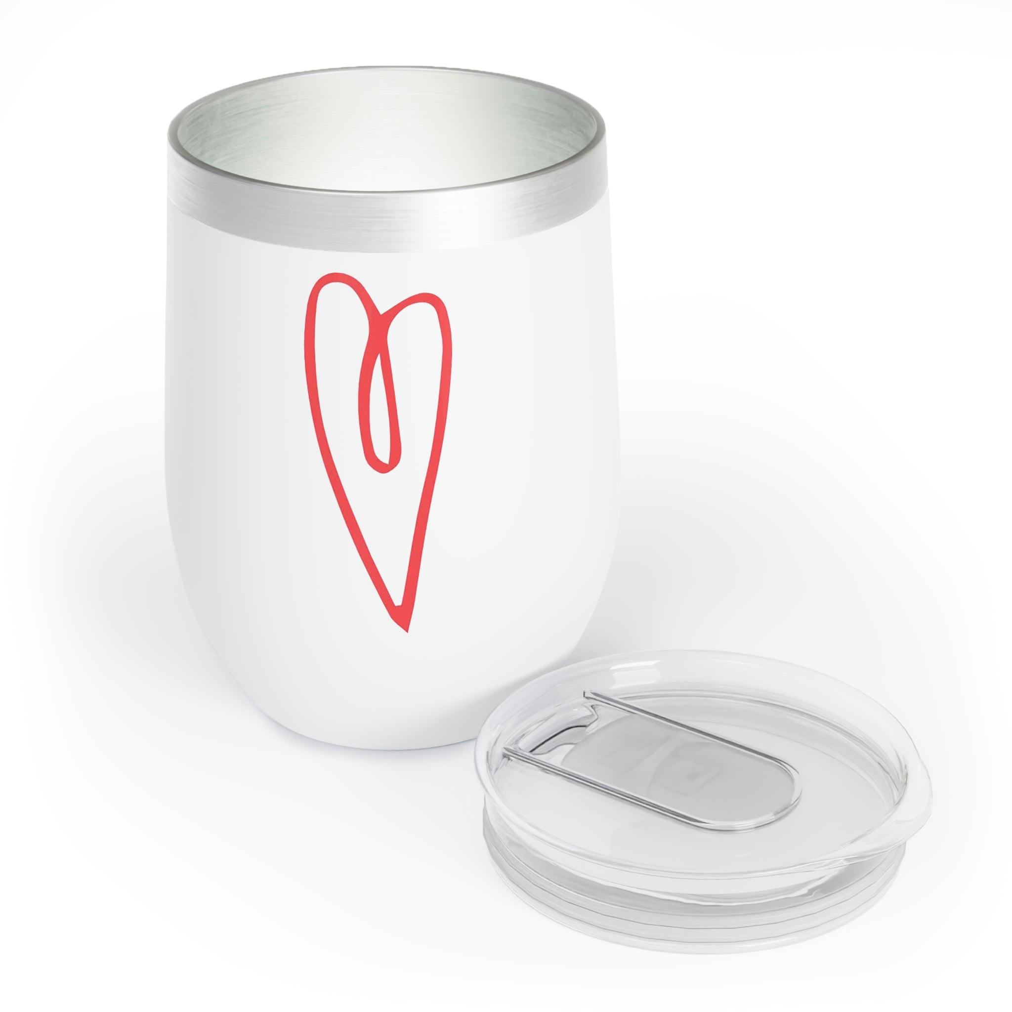 Hearts Chill Wine Tumbler in stainless steel with a customizable design, showcasing its double-insulated walls and stemless shape.