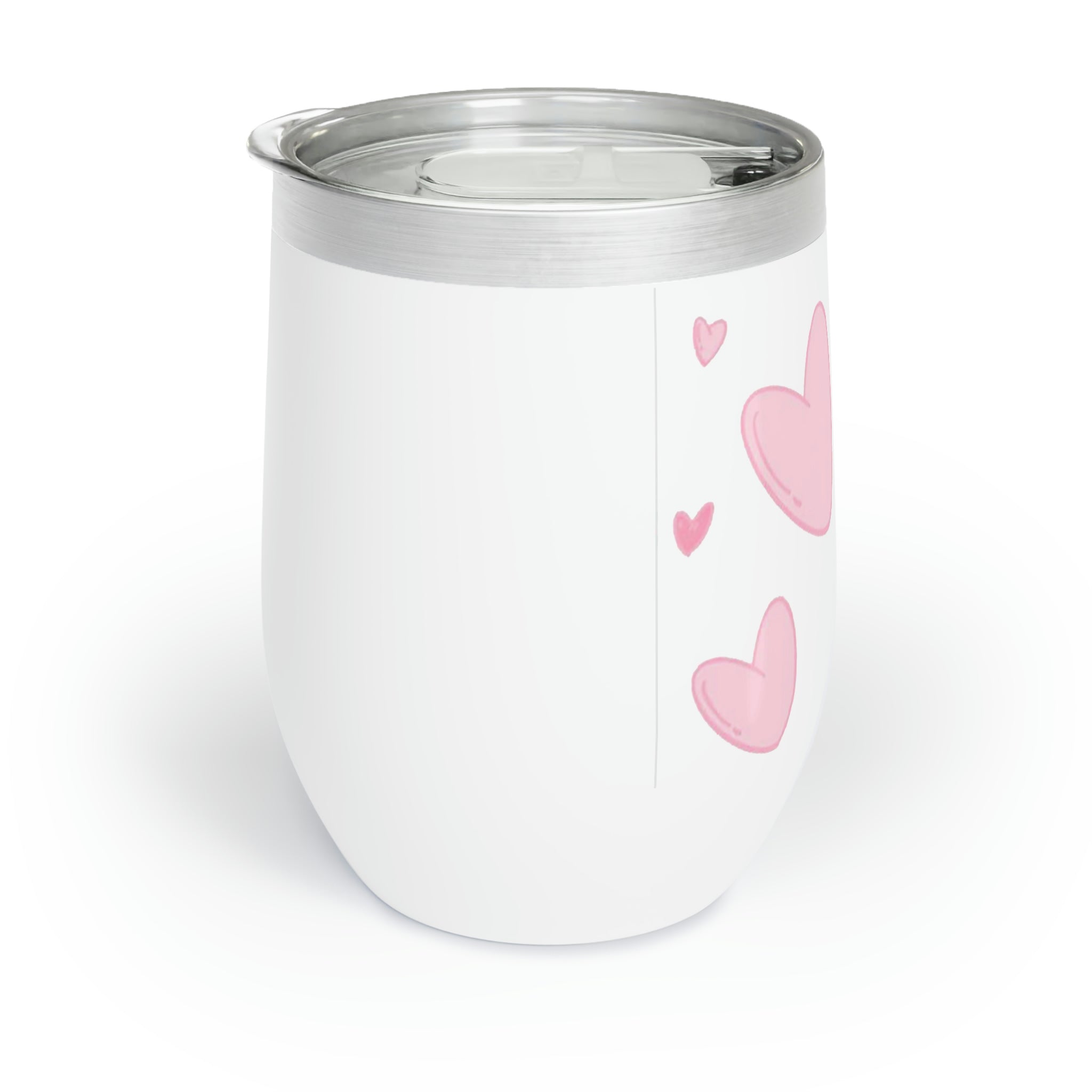 Hearts Chill Wine Tumbler in stainless steel with a customizable design, showcasing its double-insulated walls and stemless shape.