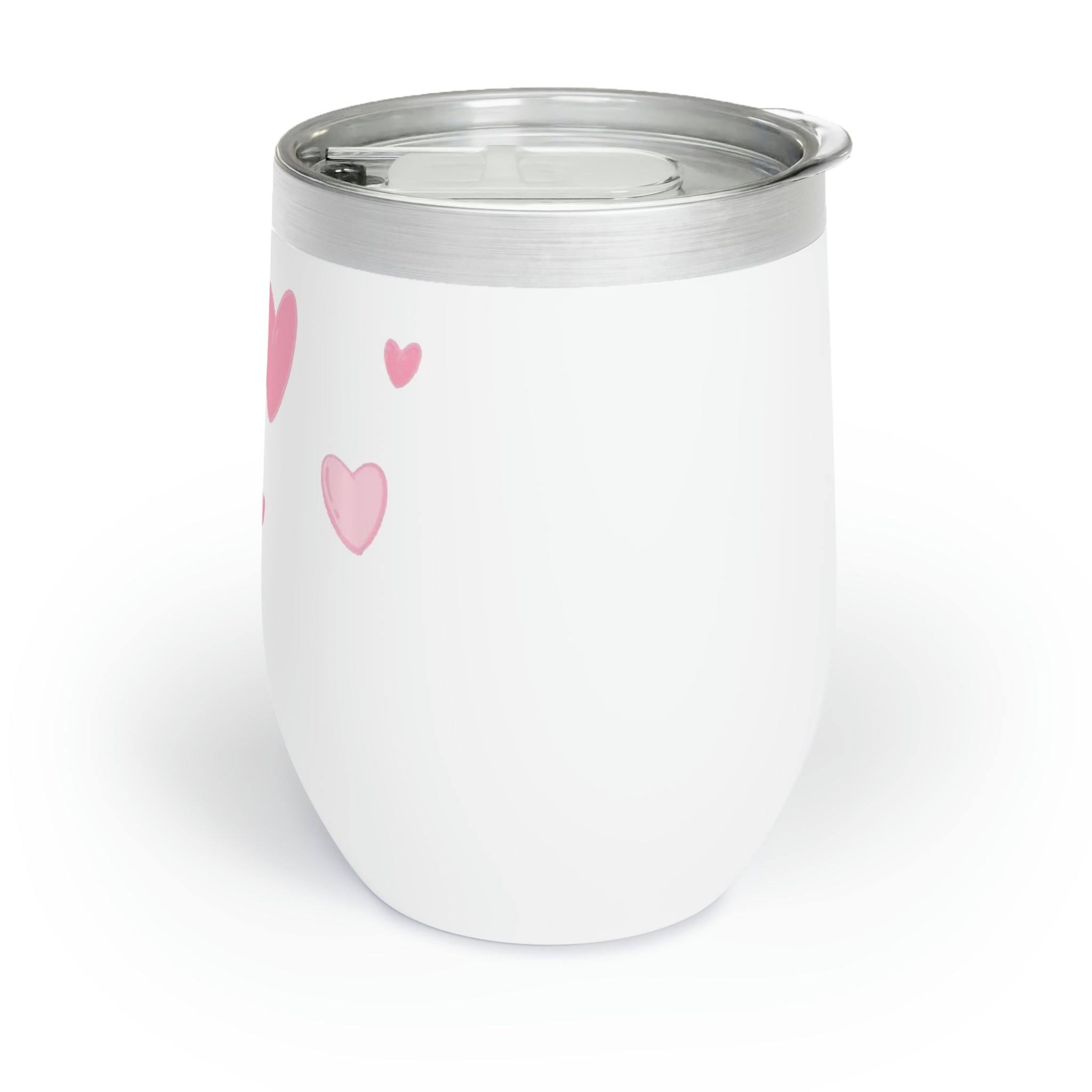 Hearts Chill Wine Tumbler in stainless steel with a customizable design, showcasing its double-insulated walls and stemless shape.