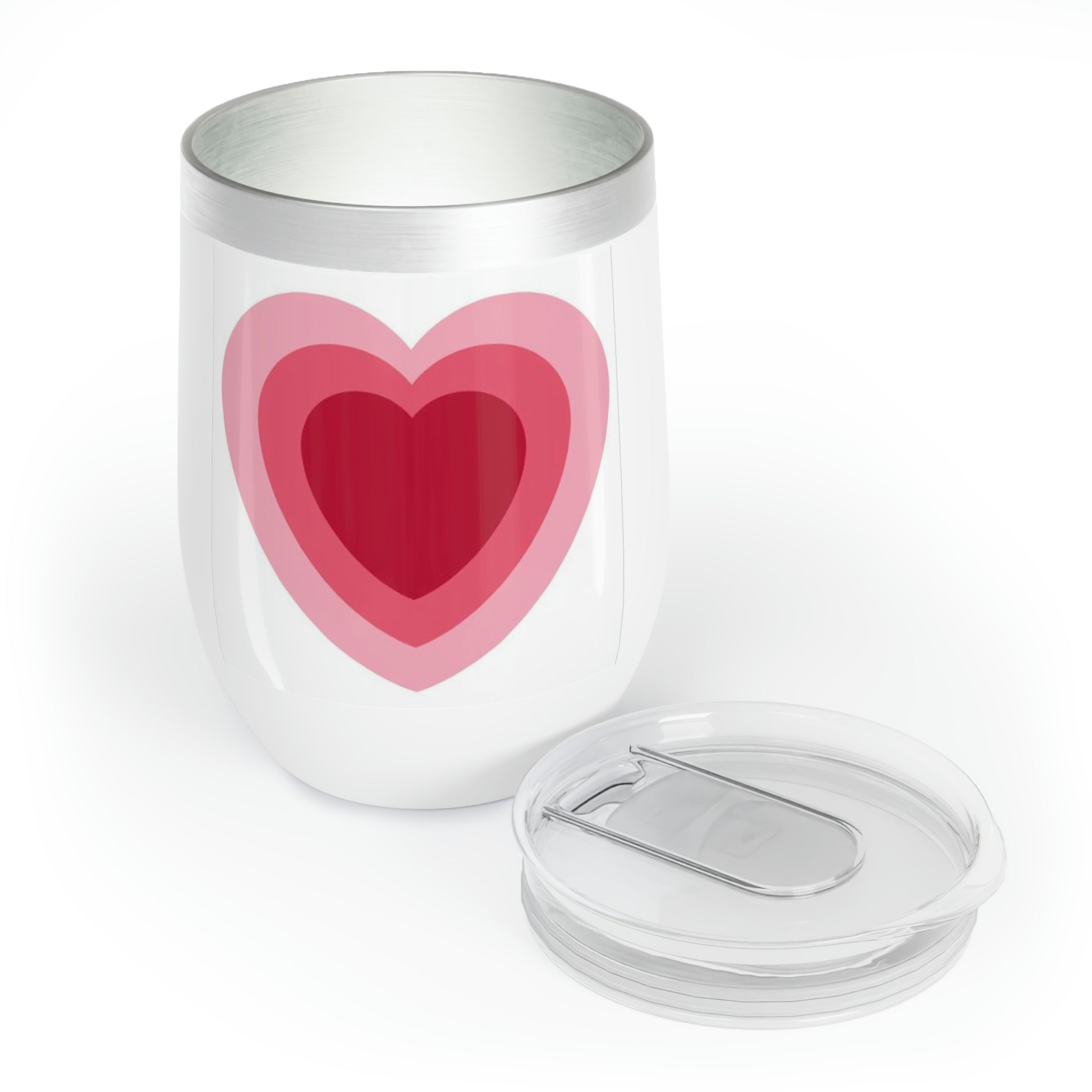 Hearts Chill Wine Tumbler in stainless steel with a customizable design, showcasing its double-insulated walls and stemless shape.