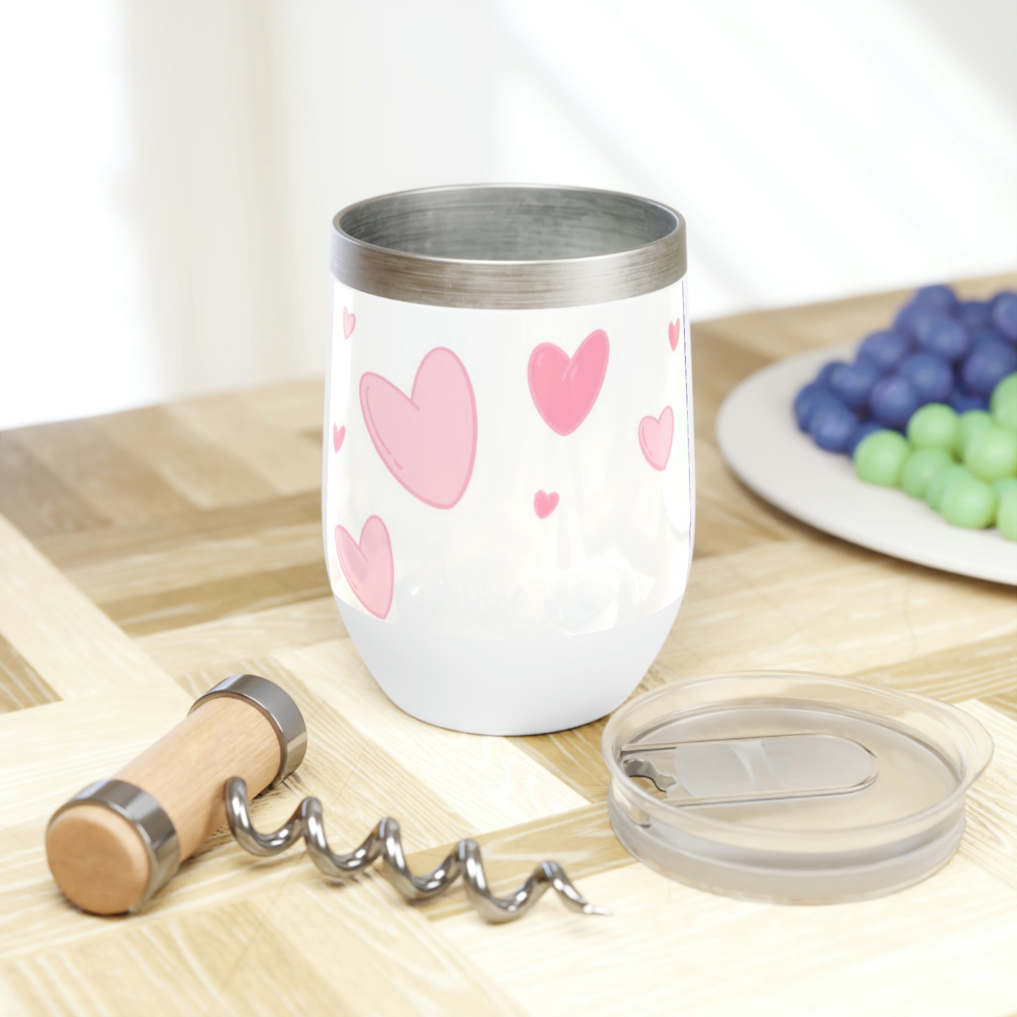 Hearts Chill Wine Tumbler in stainless steel with a customizable design, perfect for keeping drinks at the ideal temperature.