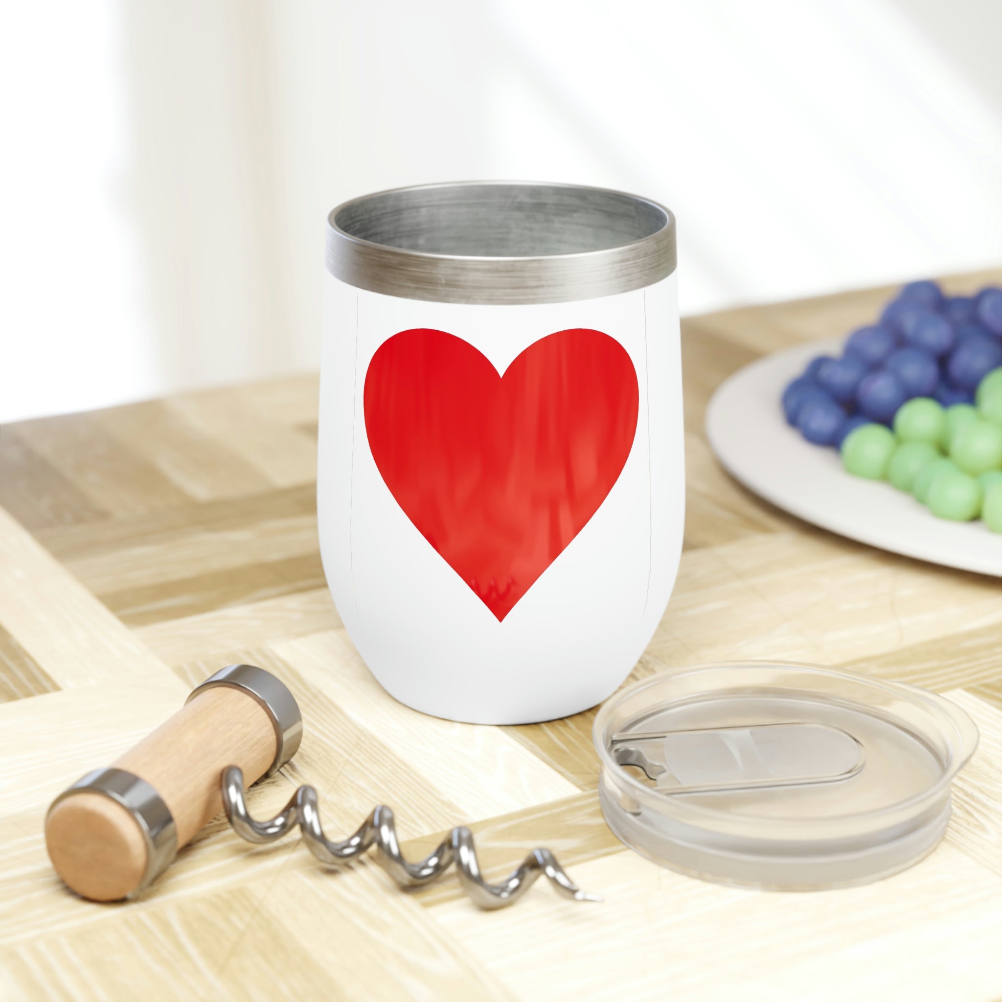 Hearts Chill Wine Tumbler in stainless steel with a customizable design, featuring double insulation and a plastic straw.