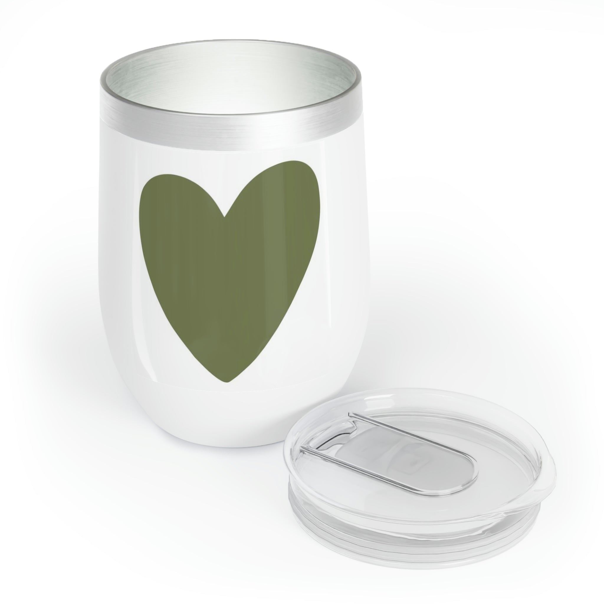 Hearts Chill Wine Tumbler in stainless steel with a customizable design, showcasing its double-insulated walls and stemless shape.