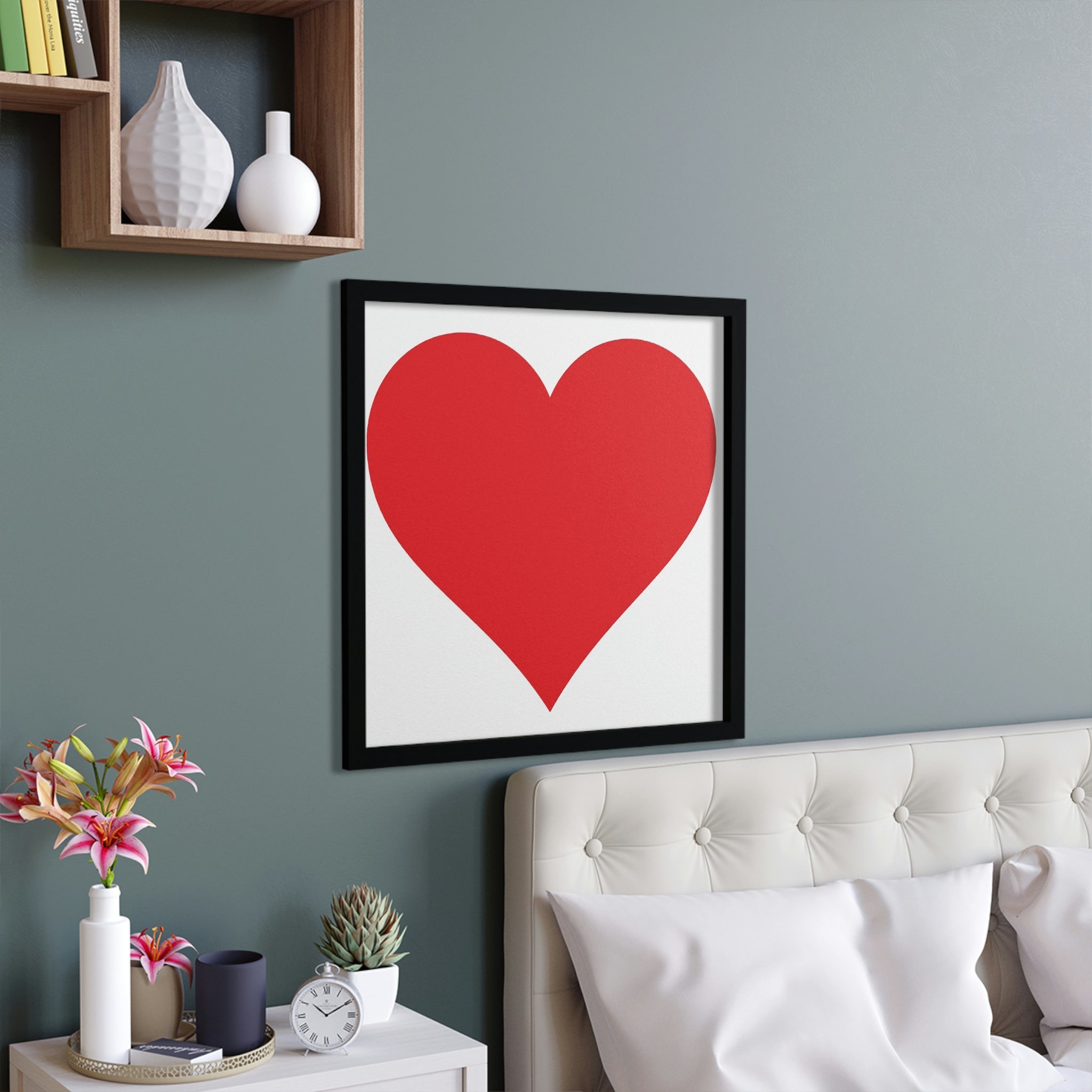 A beautifully framed Hearts Framed Poster showcasing vibrant colors and a hand-crafted wooden frame, perfect for home decor.