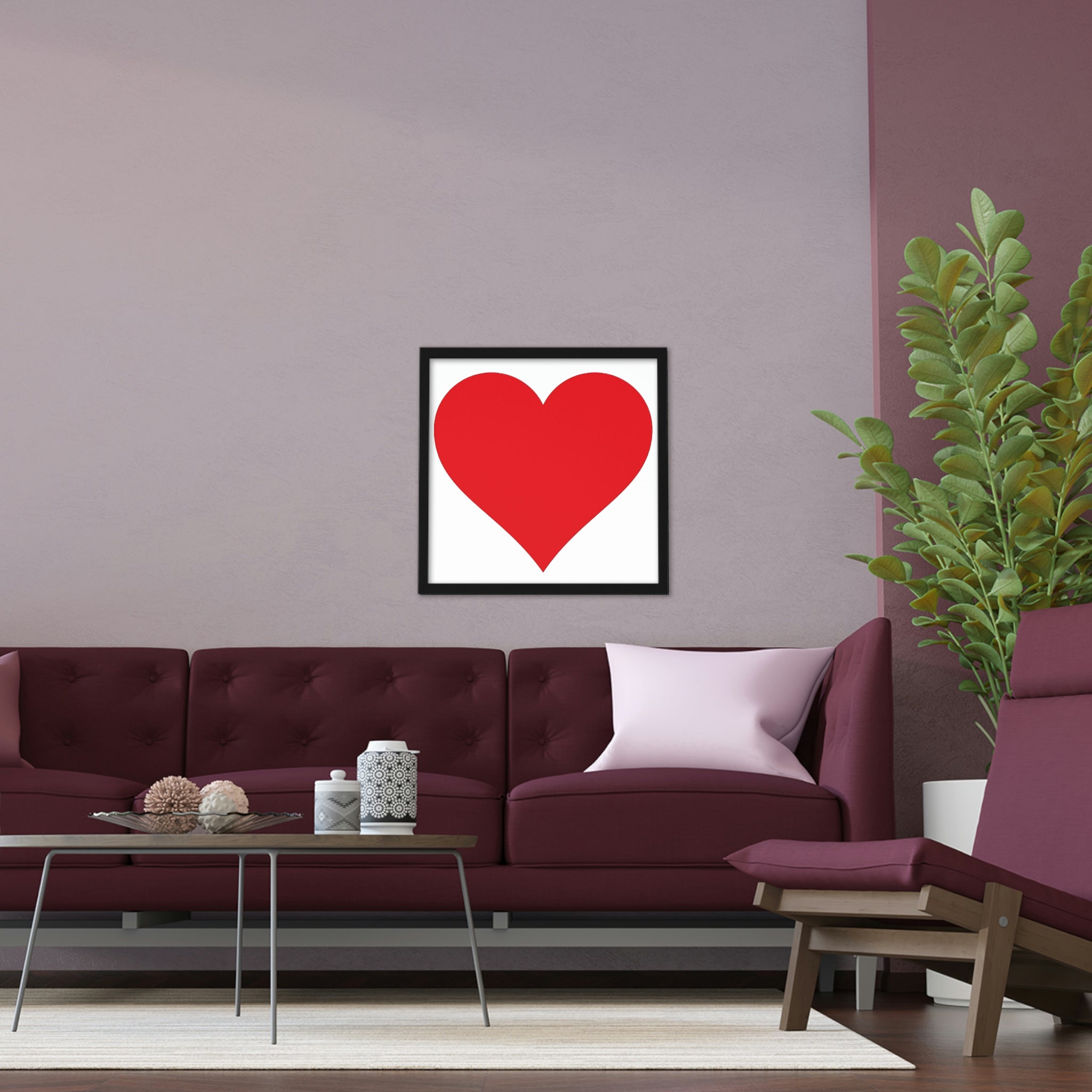 A beautifully framed Hearts Framed Poster showcasing vibrant colors and a hand-crafted wooden frame, perfect for home decor.