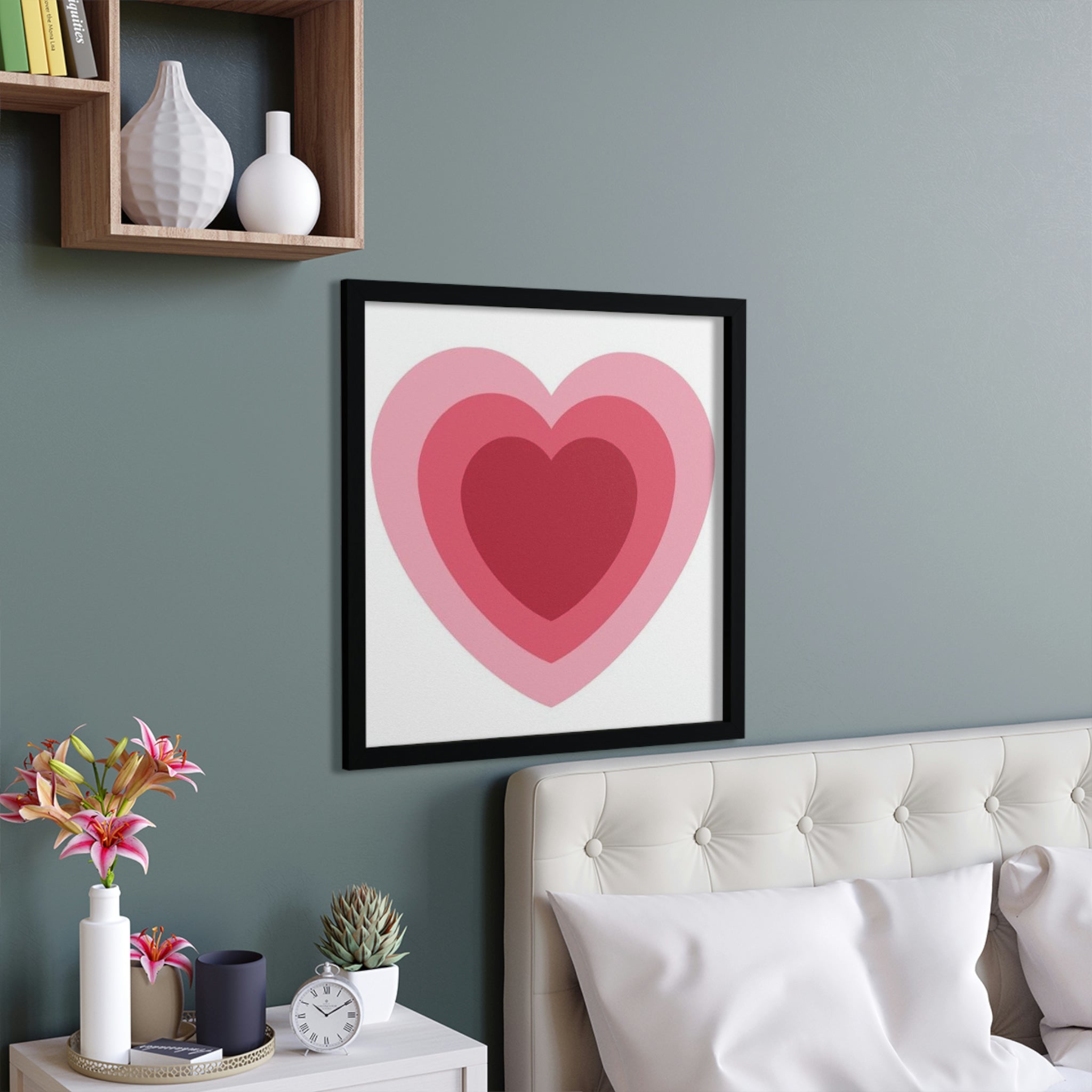 A beautifully framed Hearts Framed Poster showcasing vibrant colors and a hand-crafted wooden frame, perfect for home decor.