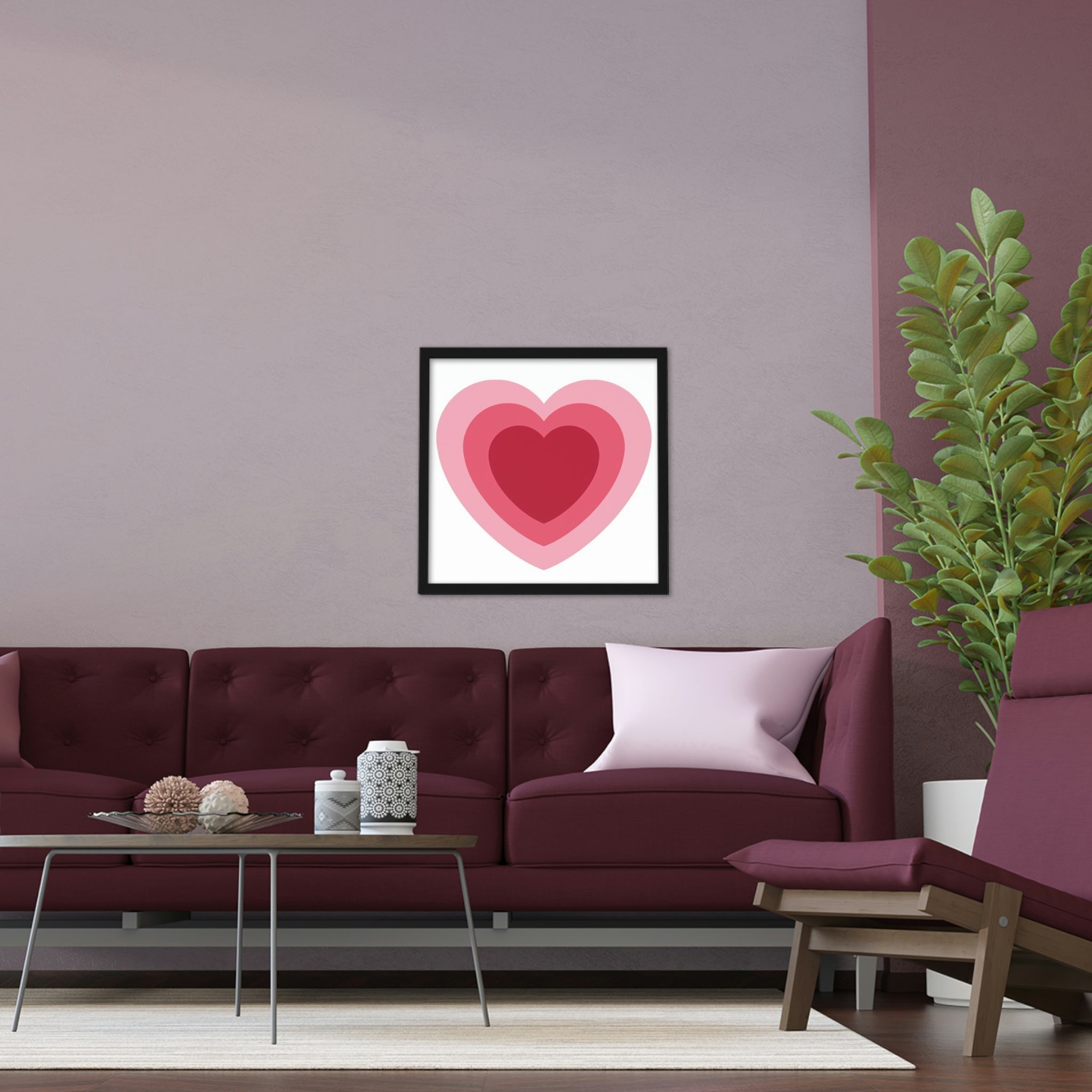 A beautifully framed Hearts Framed Poster showcasing vibrant colors and a hand-crafted wooden frame, perfect for home decor.