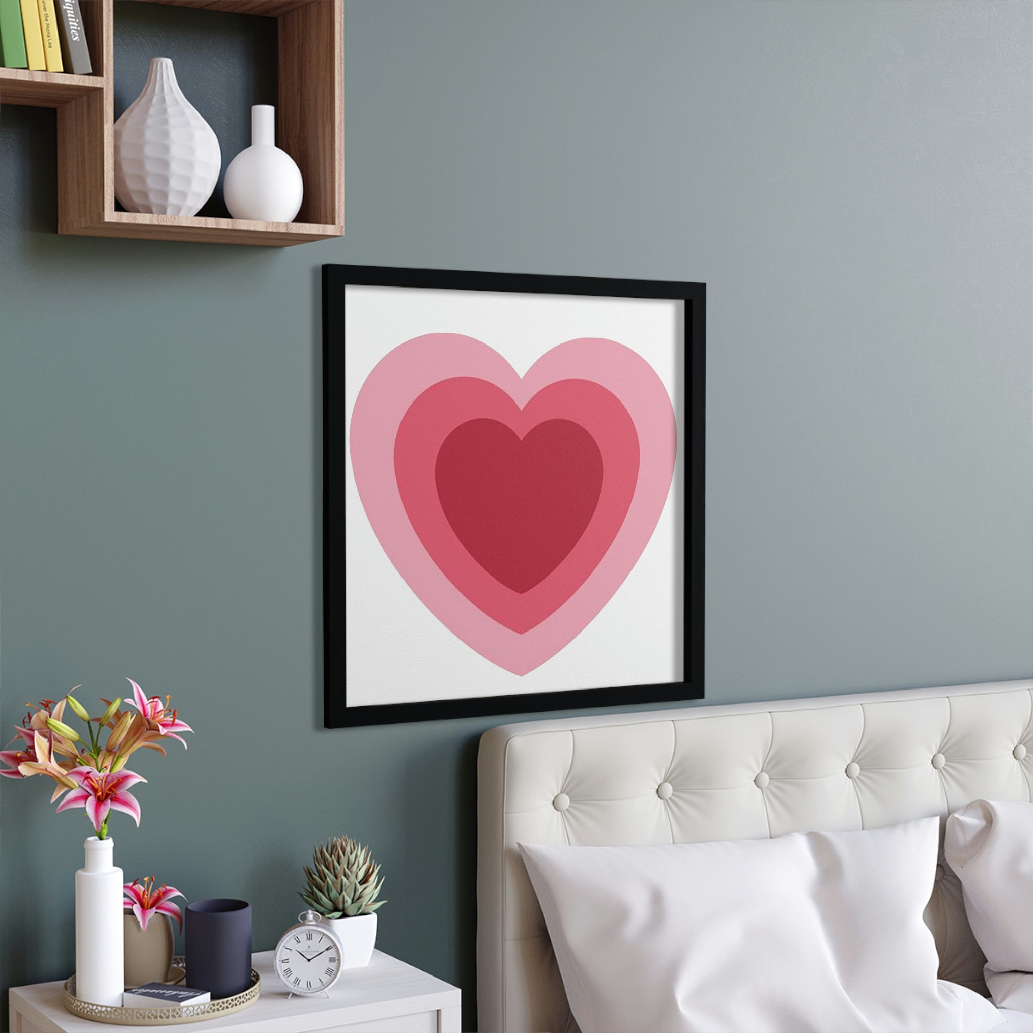 A beautifully framed Hearts Framed Poster featuring a hand-crafted wooden frame, showcasing vibrant colors and intricate designs.