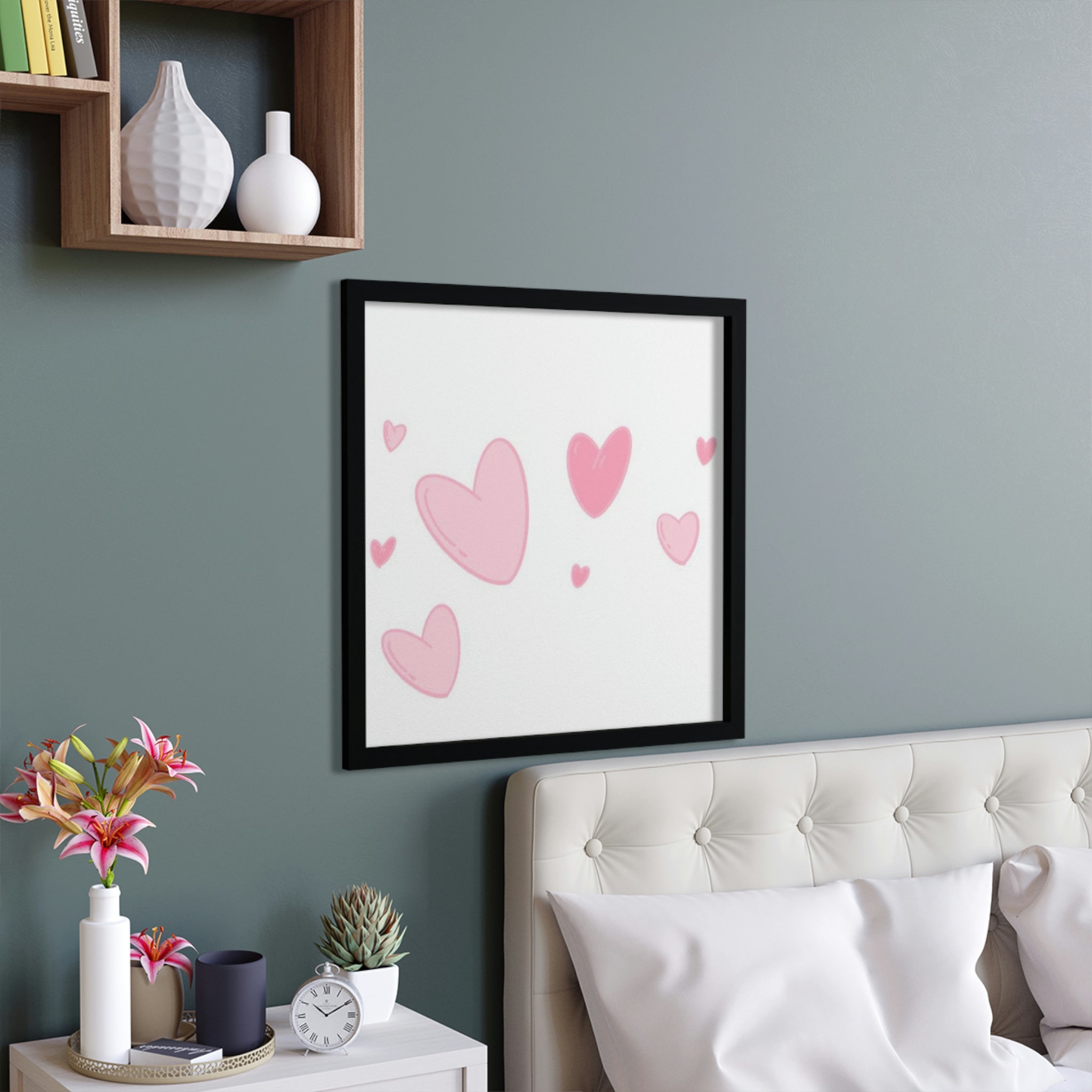 A beautifully framed Hearts Framed Poster featuring a hand-crafted wooden frame, showcasing vibrant colors and intricate designs, ready to enhance any space.