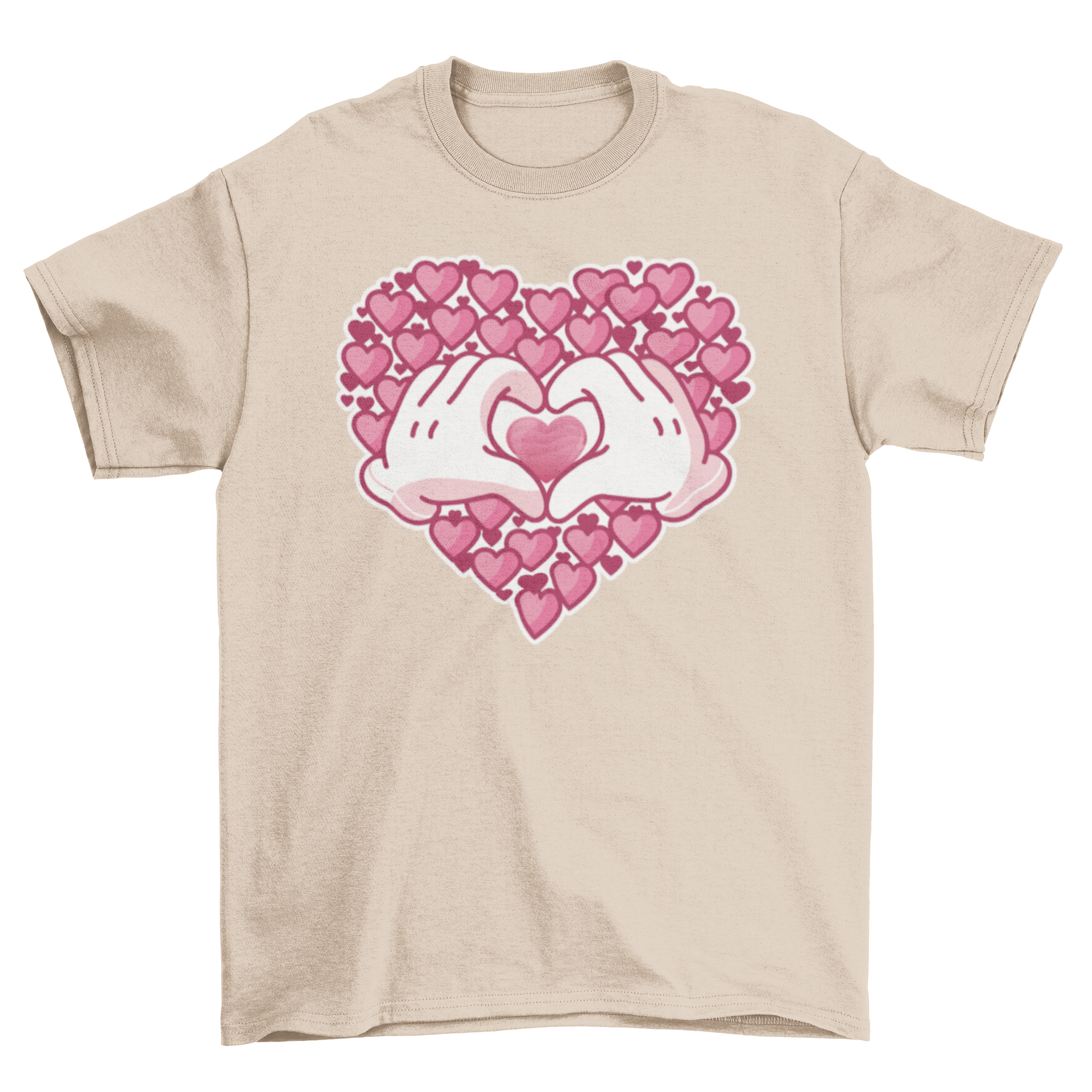 Hearts Hands T-shirt design featuring a heart made of smaller hearts and two hands forming a heart shape.