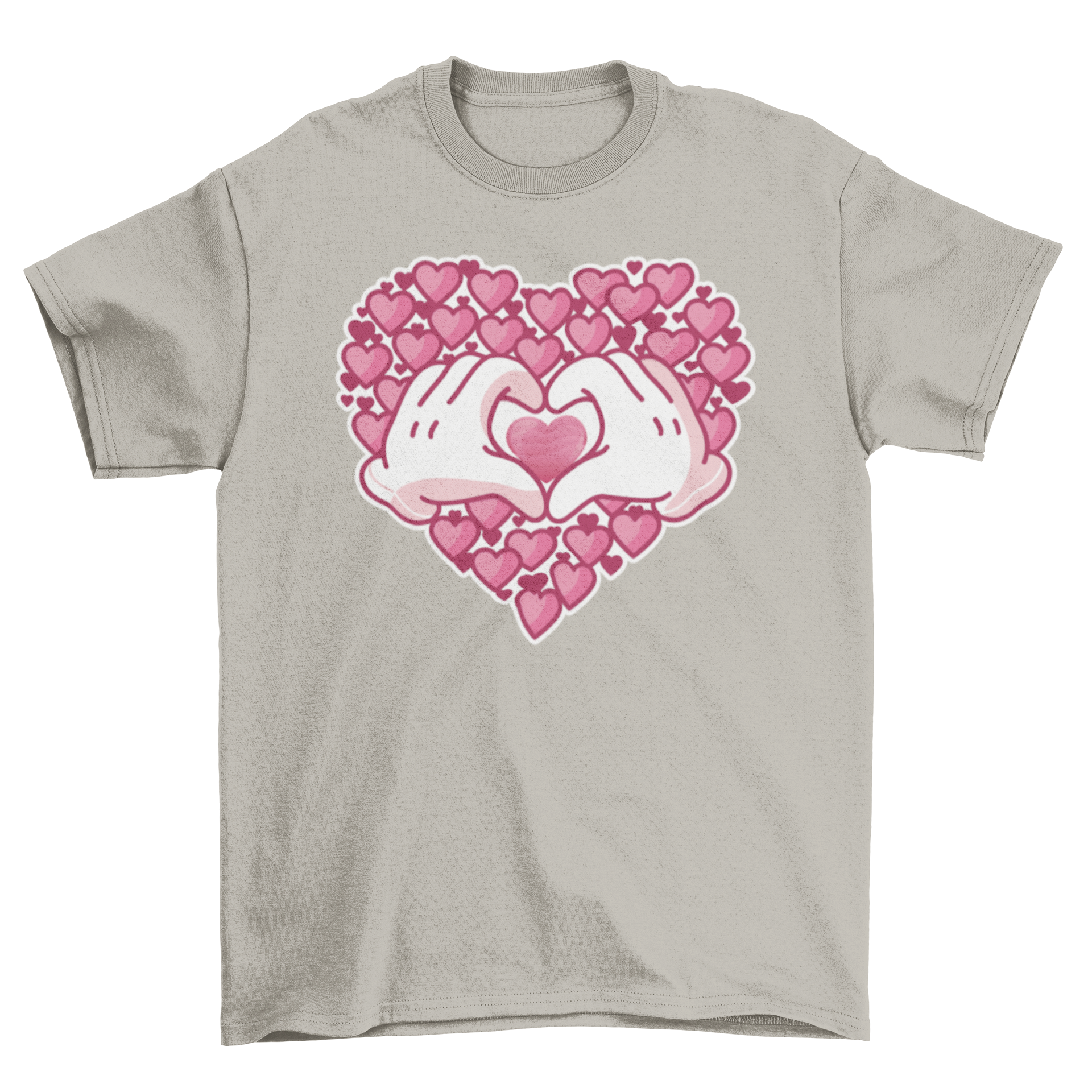 Hearts Hands T-shirt design featuring a heart made of smaller hearts and two hands forming a heart shape.