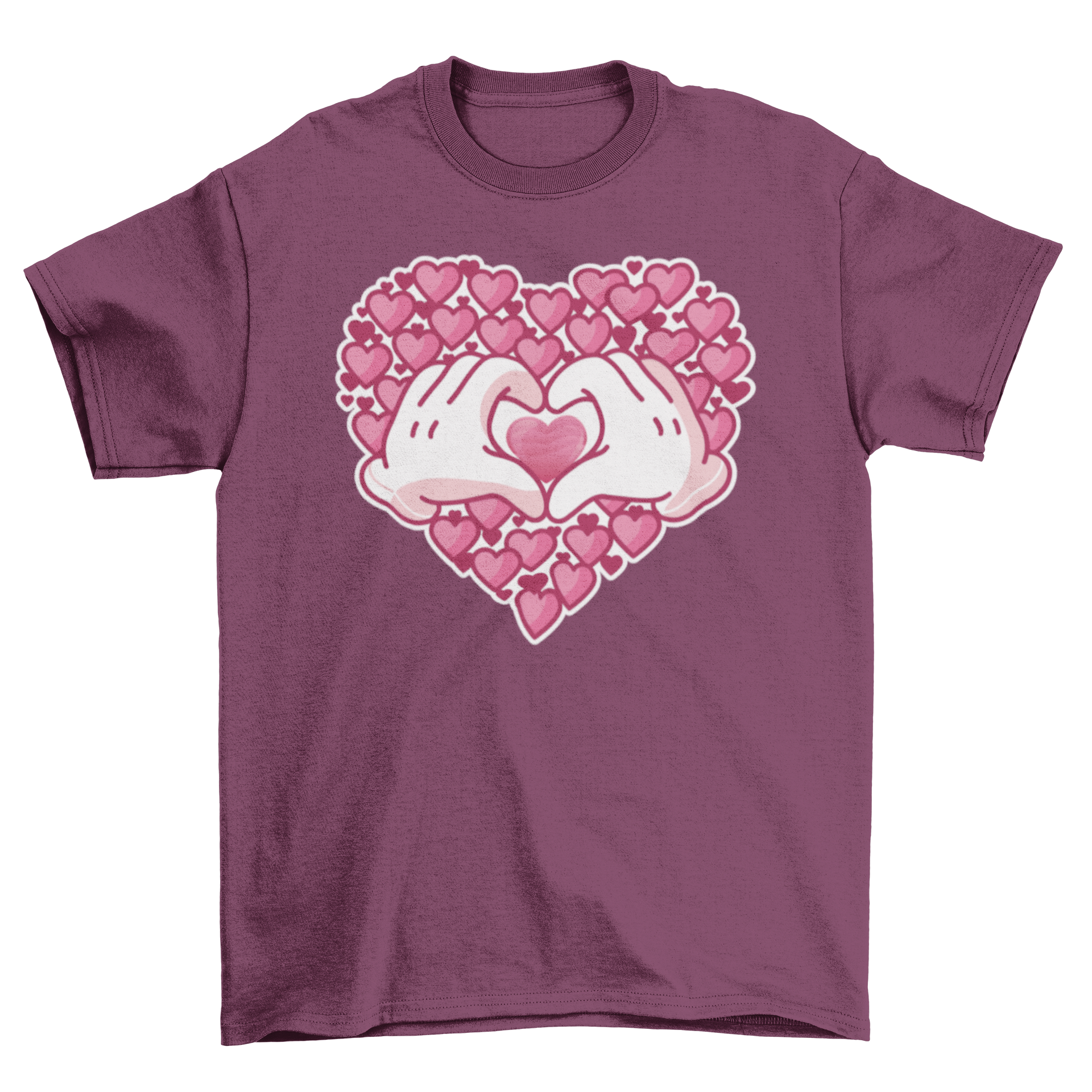 Hearts Hands T-shirt design featuring a heart made of smaller hearts and two hands forming a heart shape.