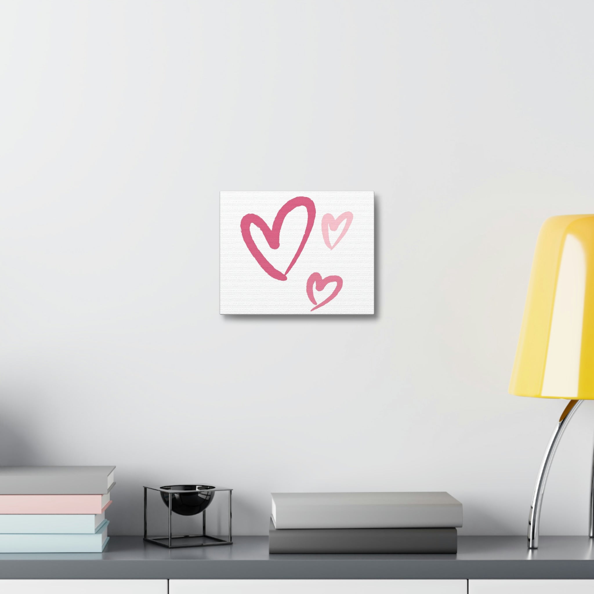 Hearts Stretched Canvas artwork displayed on a wall, showcasing vibrant colors and high-quality print on a wooden frame.