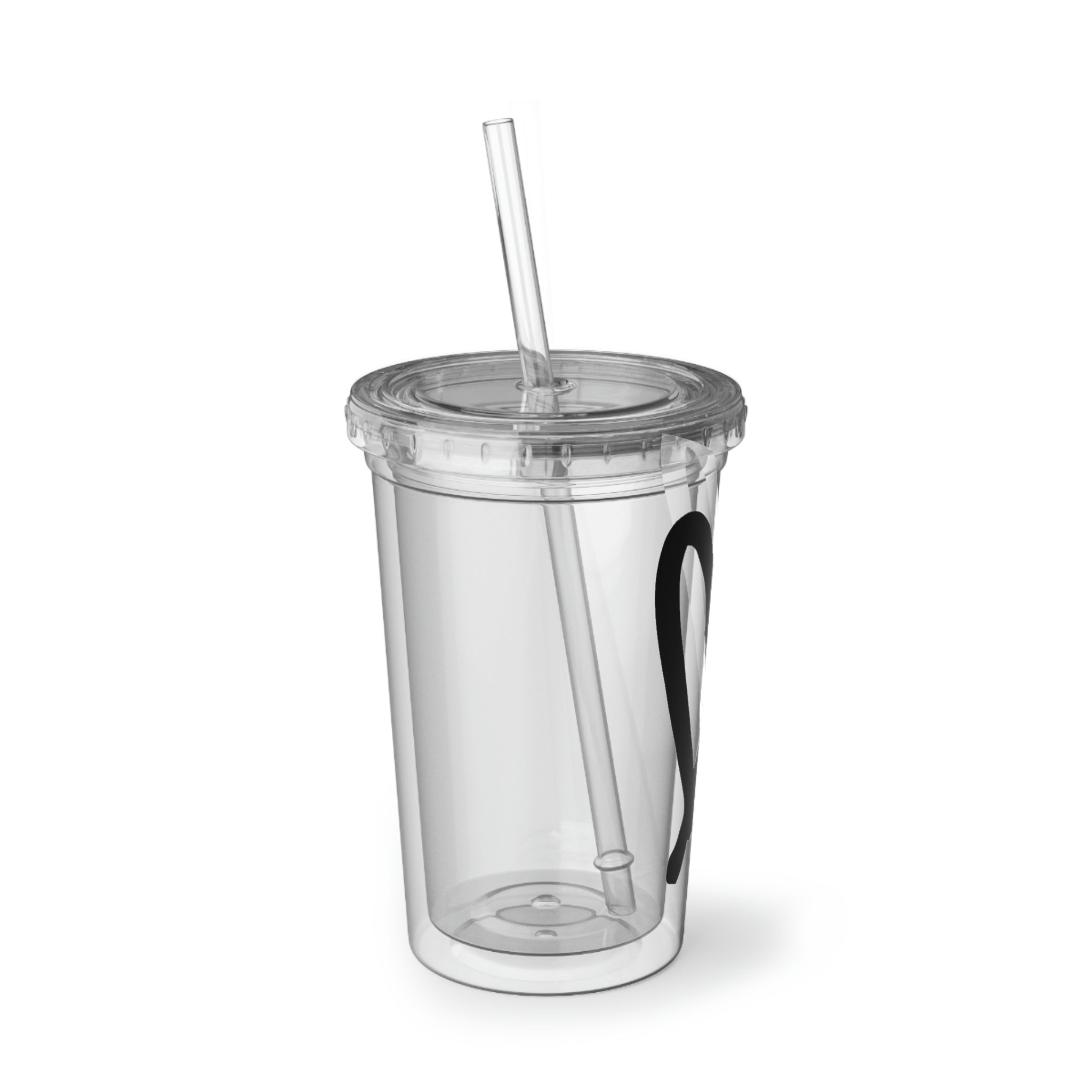 Hearts Suave Acrylic Cup with a stainless steel body and black plastic cap, featuring a colorful custom design and a plastic straw.