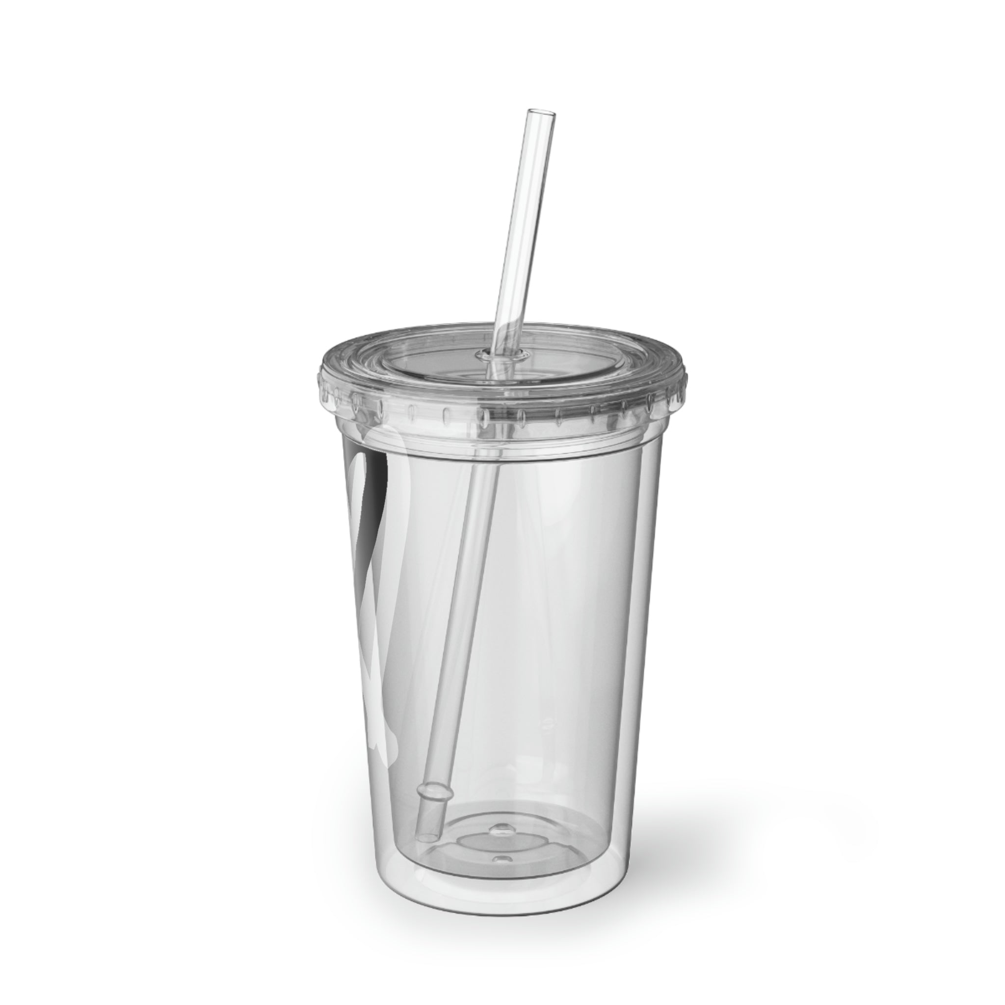 Hearts Suave Acrylic Cup with a stainless steel body and black plastic cap, featuring a colorful custom design and a plastic straw.