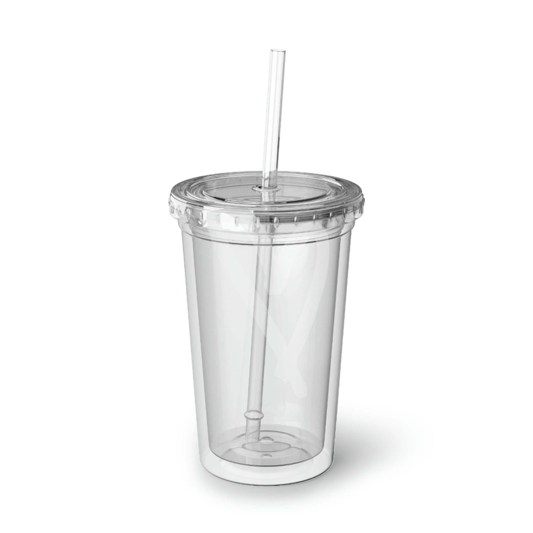 Hearts Suave Acrylic Cup with a stainless steel body and black plastic cap, featuring a colorful custom design and a plastic straw.