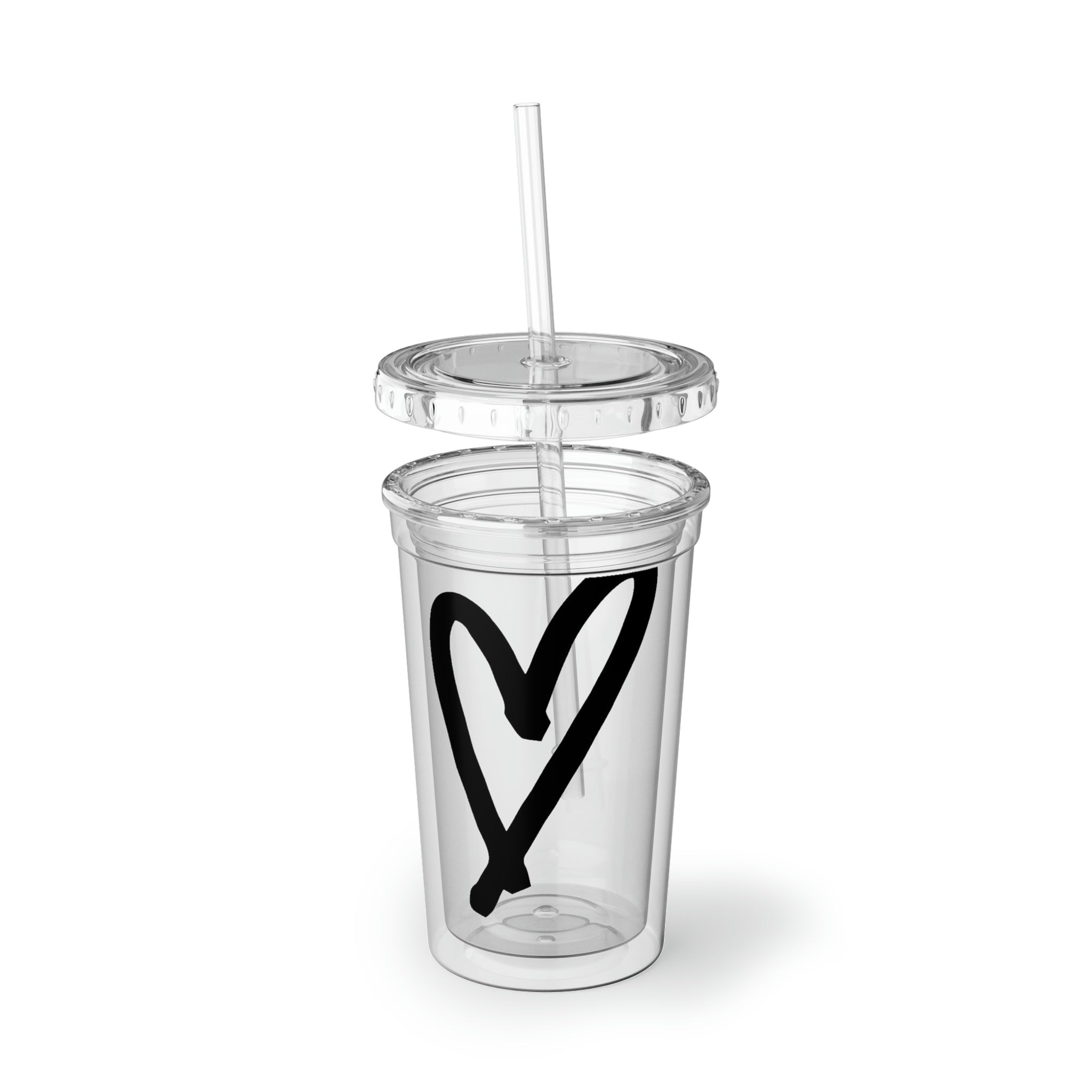 Hearts Suave Acrylic Cup with a stainless steel body and black plastic cap, featuring a colorful custom design and a plastic straw.