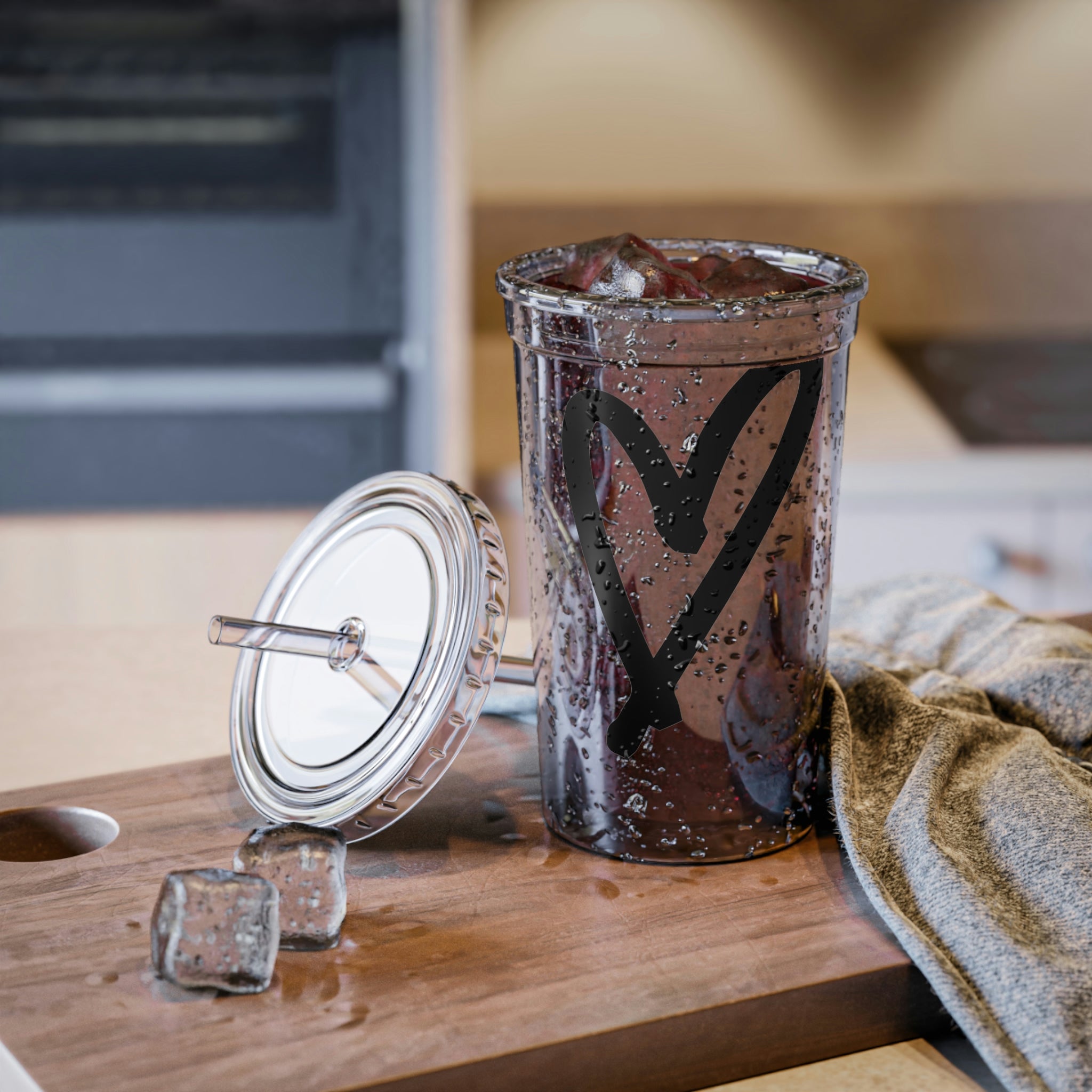 Hearts Suave Acrylic Cup with a stainless steel body and black plastic cap, featuring a colorful custom design and a plastic straw.