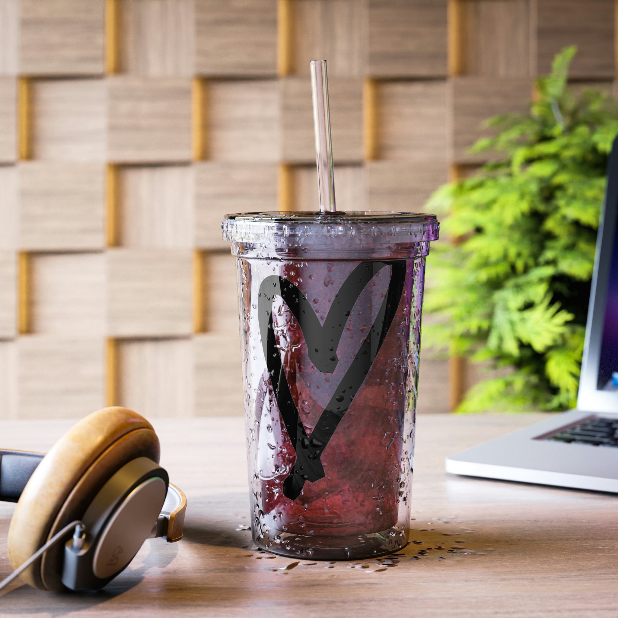 Hearts Suave Acrylic Cup with a stainless steel body and black plastic cap, featuring a colorful custom design and a plastic straw.