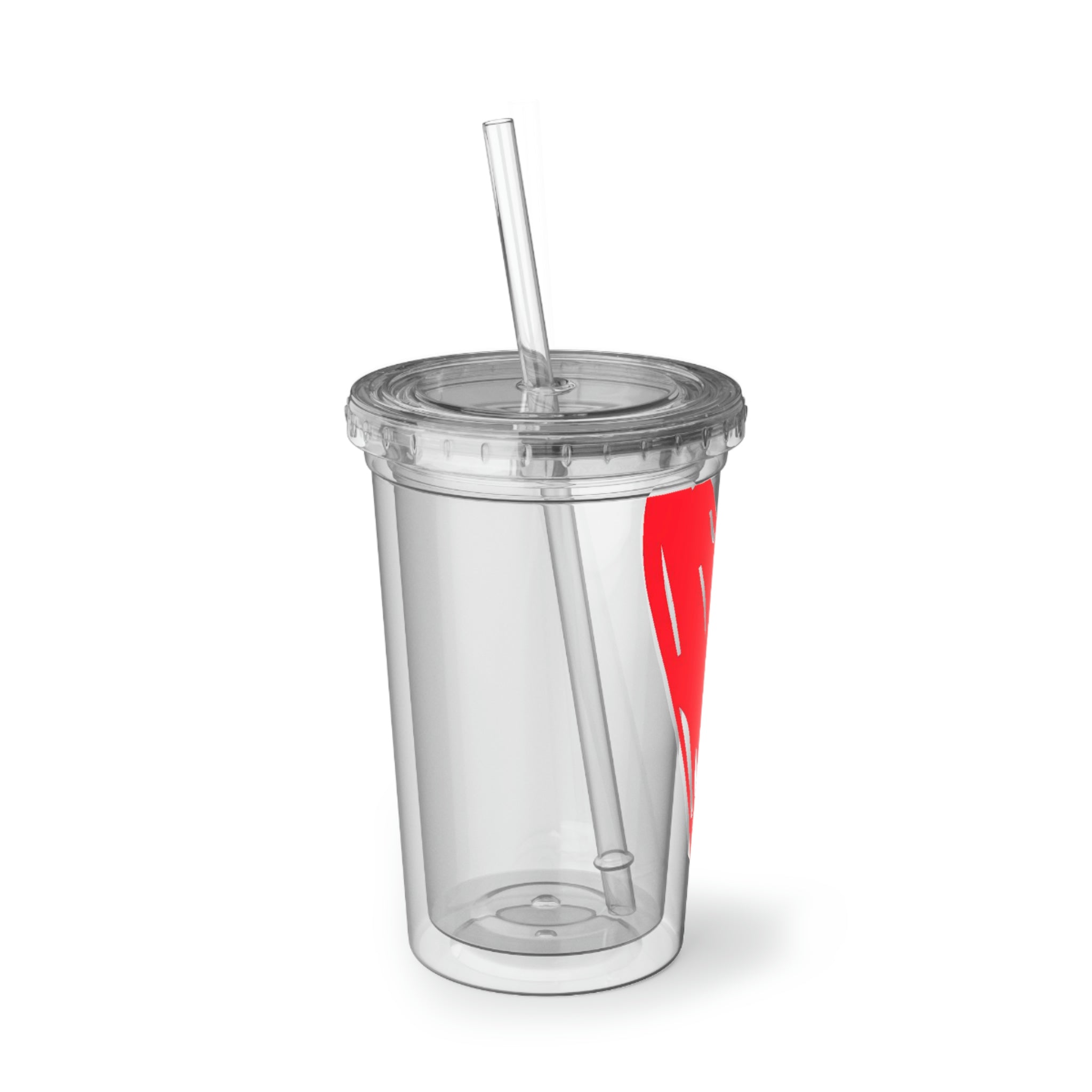 Hearts Suave Acrylic Cup in stainless steel with a black screw-on cap and plastic straw, showcasing a customizable design.