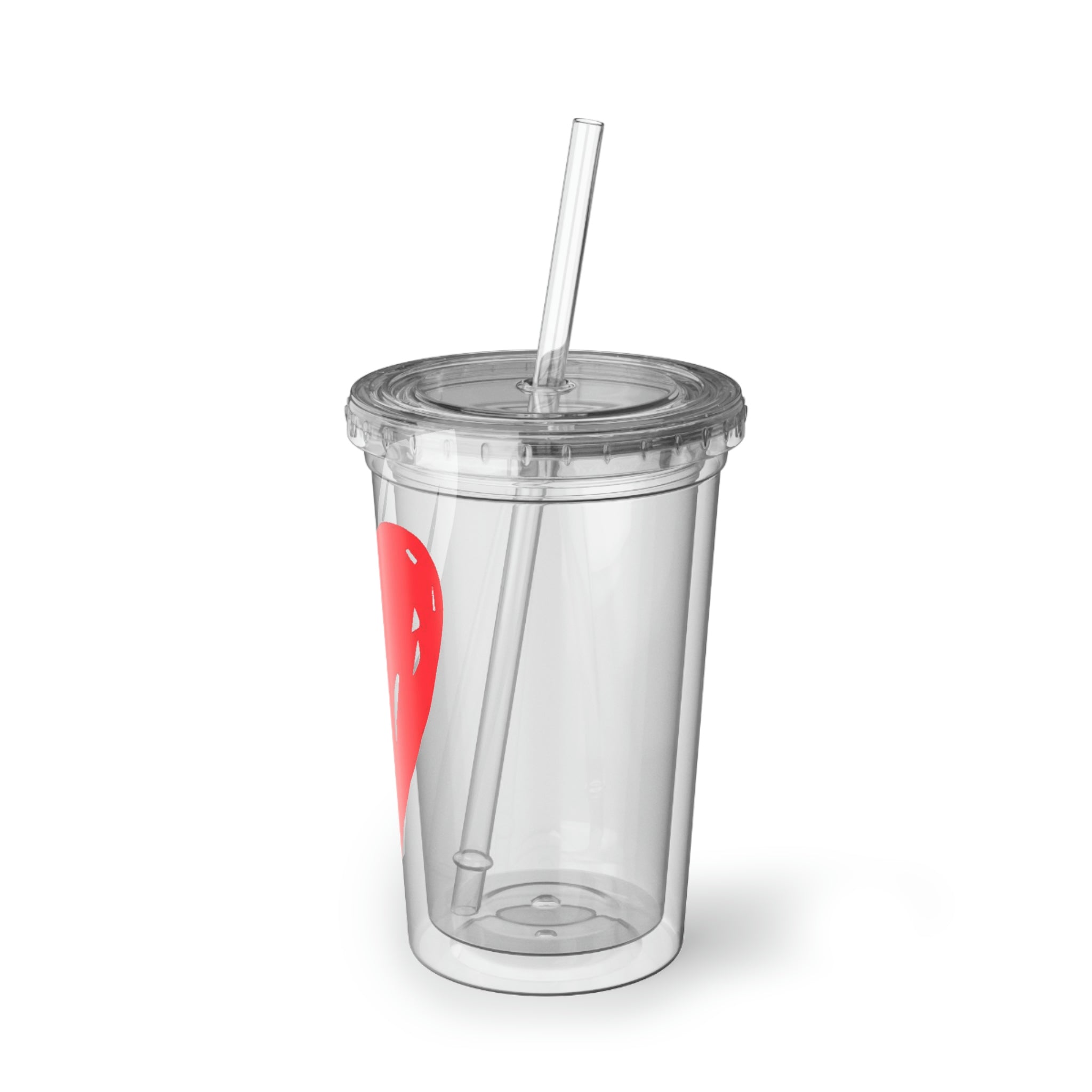 Hearts Suave Acrylic Cup in stainless steel with a black screw-on cap and plastic straw, showcasing a customizable design.