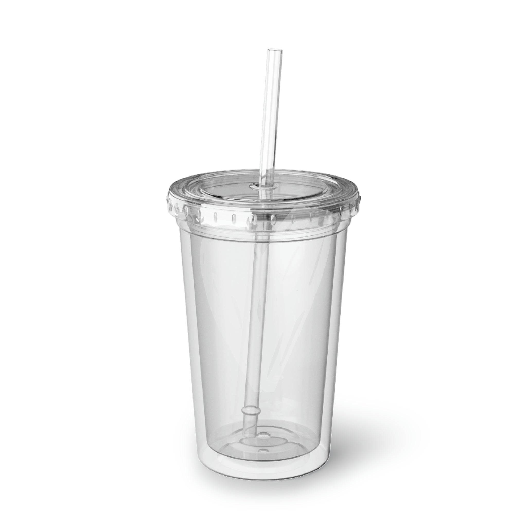 Hearts Suave Acrylic Cup in stainless steel with a black screw-on cap and plastic straw, showcasing a customizable design.