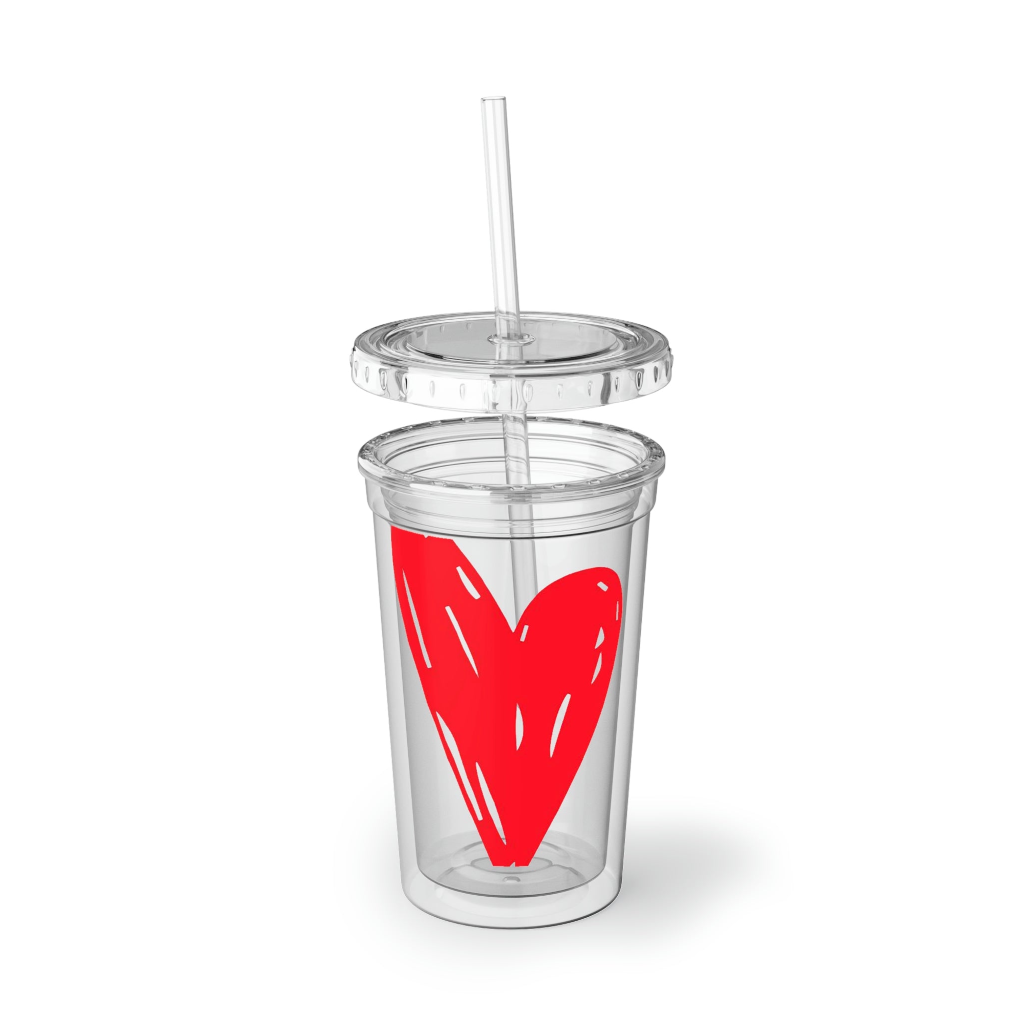 Hearts Suave Acrylic Cup in stainless steel with a black screw-on cap and plastic straw, showcasing a customizable design.