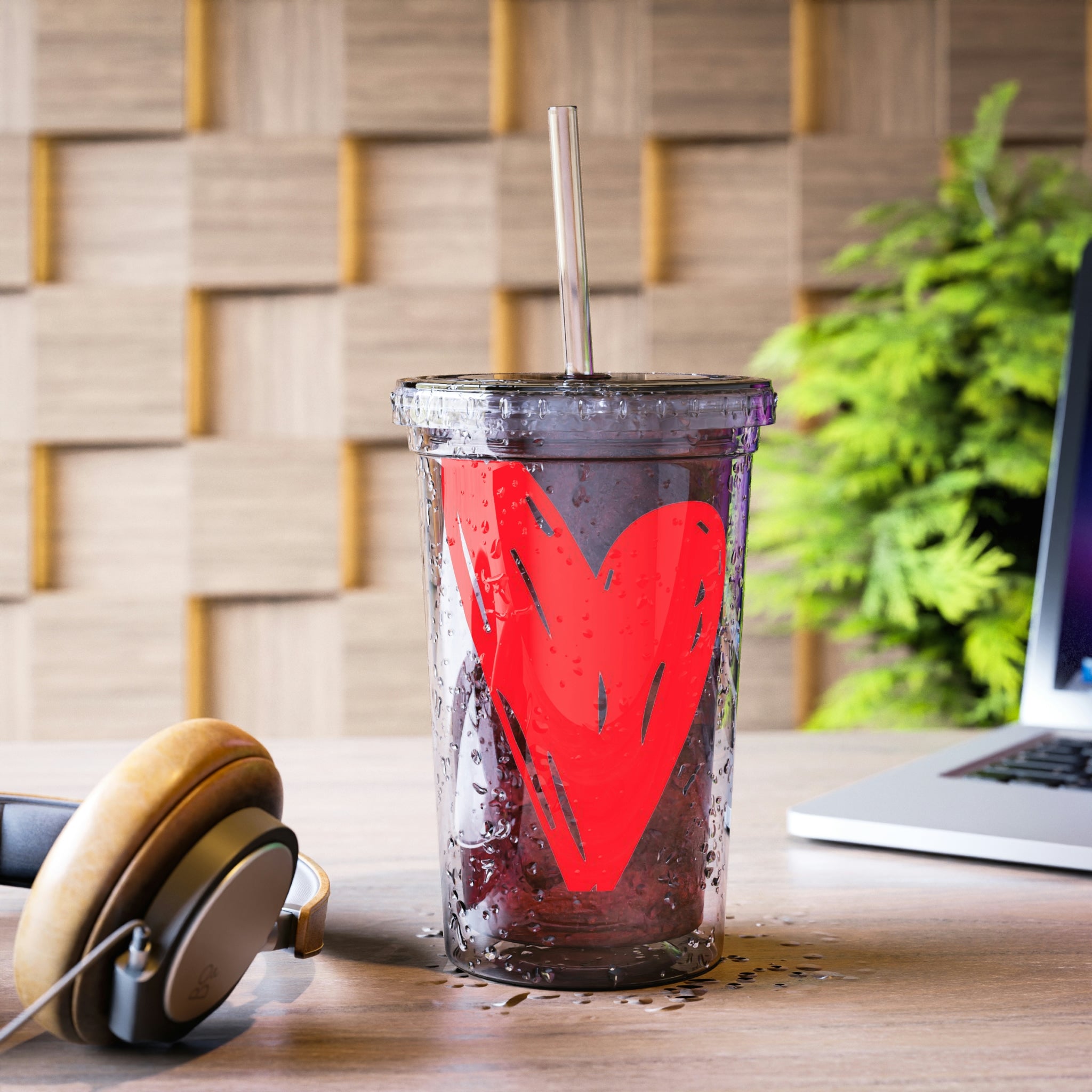 Hearts Suave Acrylic Cup in stainless steel with a black screw-on cap and plastic straw, showcasing a customizable design.