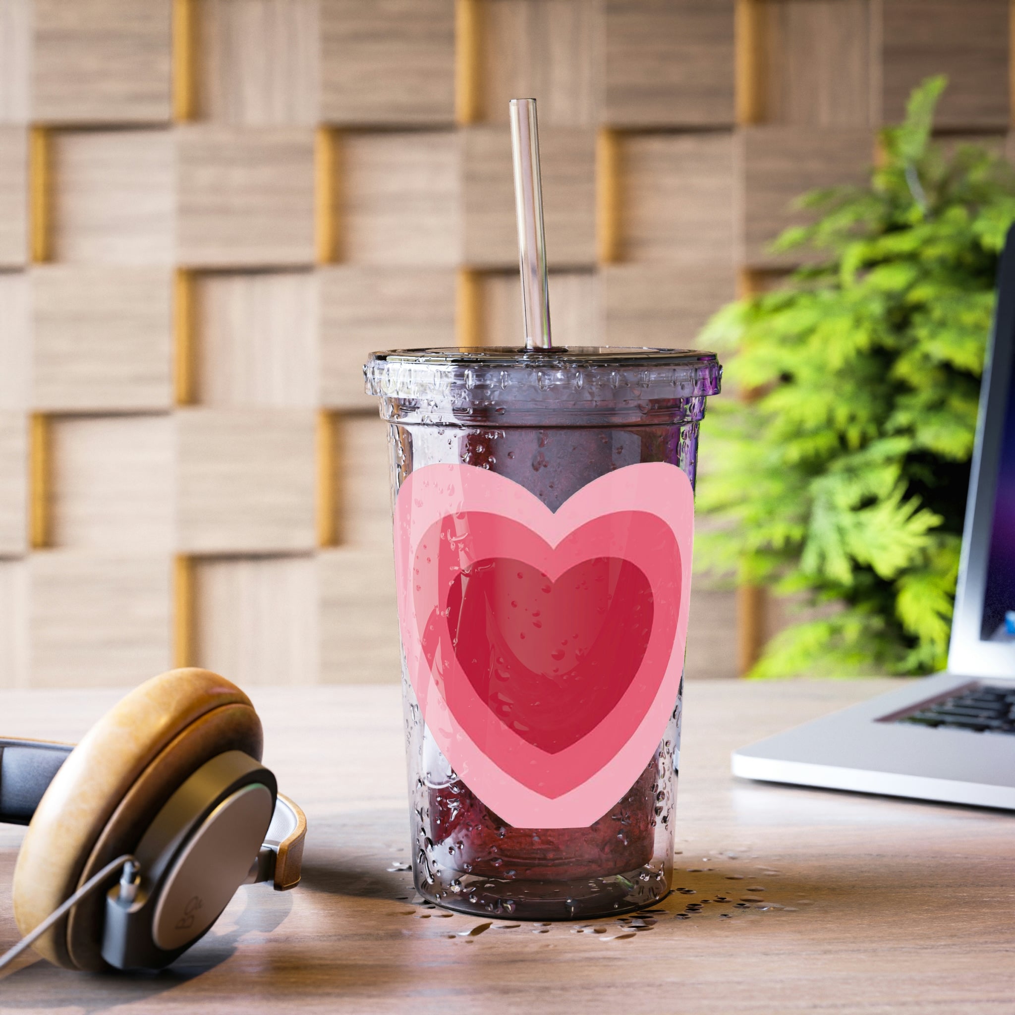 Hearts Suave Acrylic Cup with a sleek stainless steel design and a black screw-on cap, showcasing vibrant custom designs.