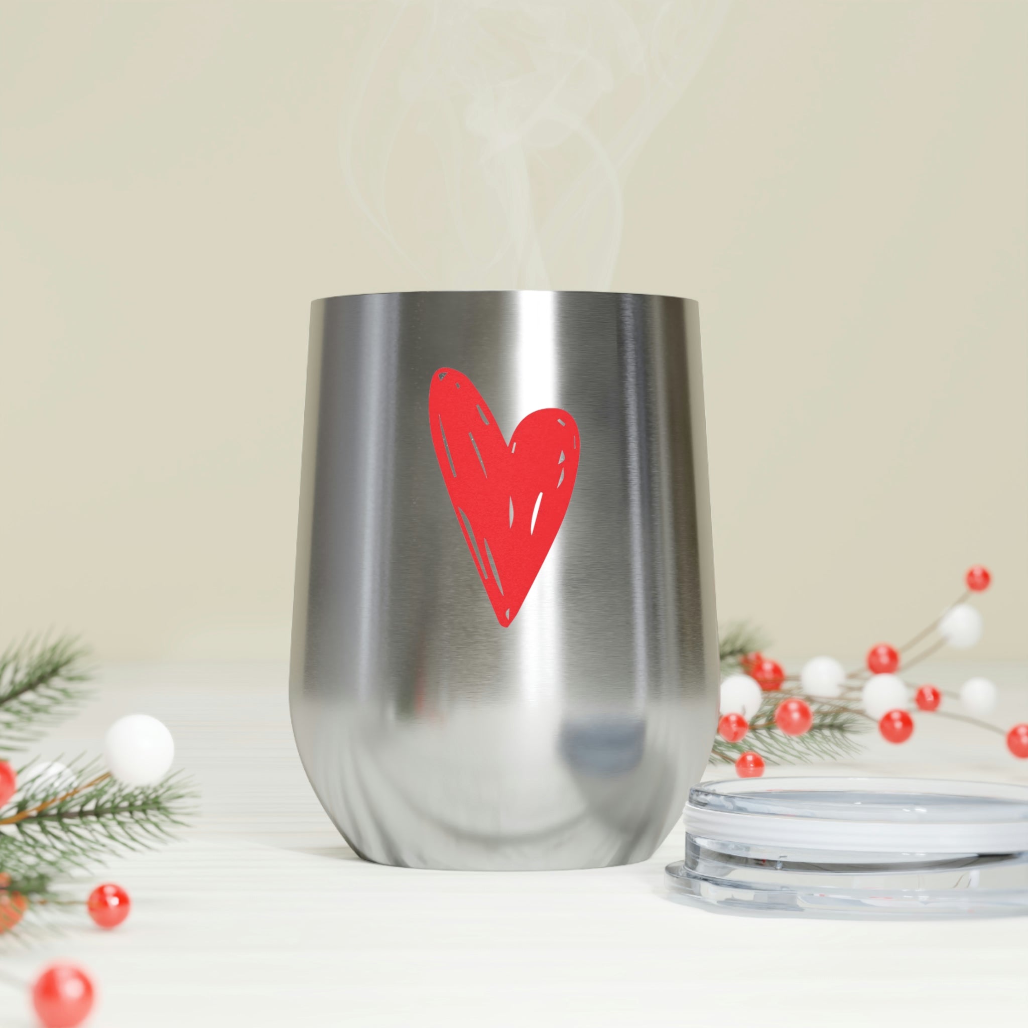 Hearts Wine Tumbler in stainless steel with a clear plastic lid, showcasing a stylish design perfect for hot and cold beverages.