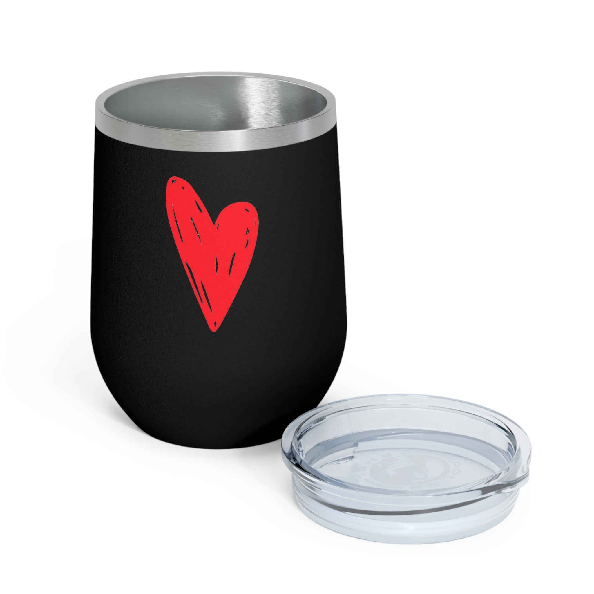 Hearts Wine Tumbler in stainless steel with a clear plastic lid, showcasing a stylish design perfect for hot and cold beverages.