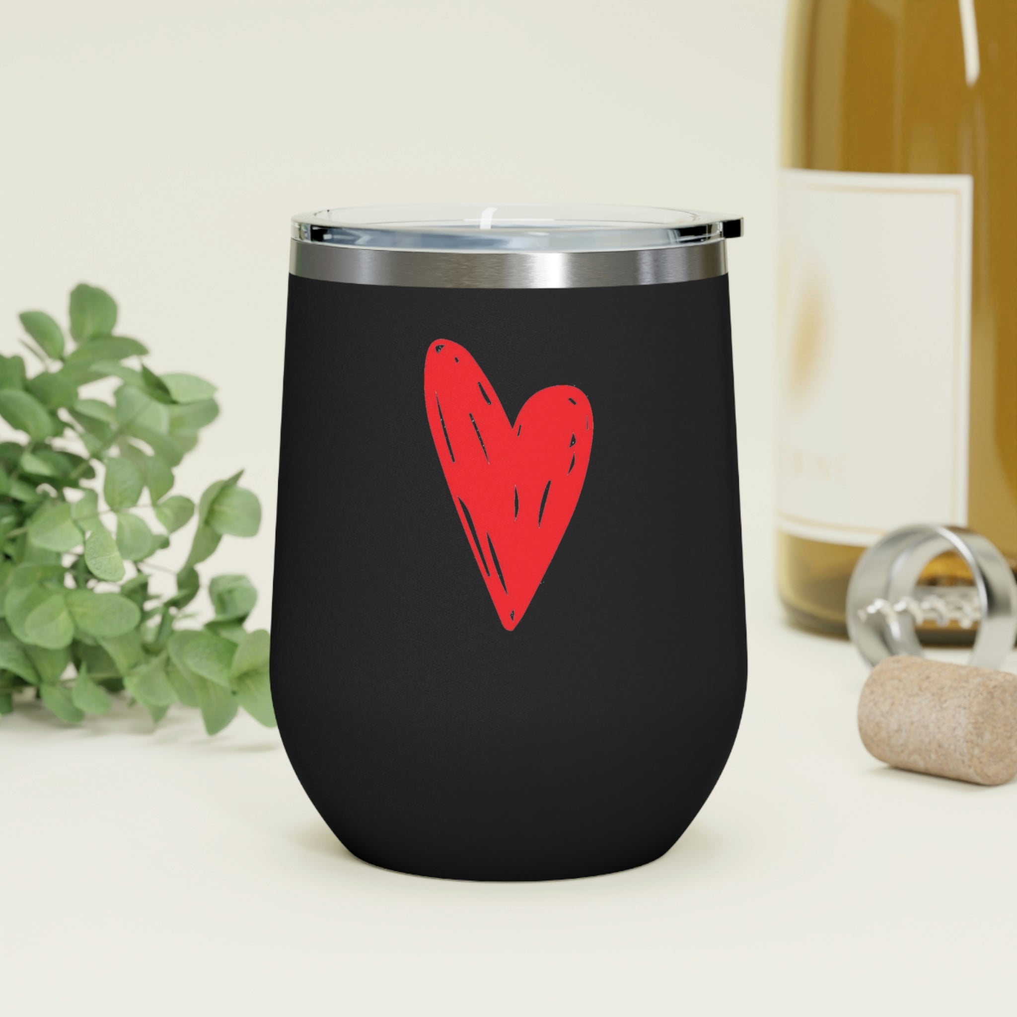 Hearts Wine Tumbler in stainless steel with a clear plastic lid, showcasing a stylish design perfect for hot and cold beverages.