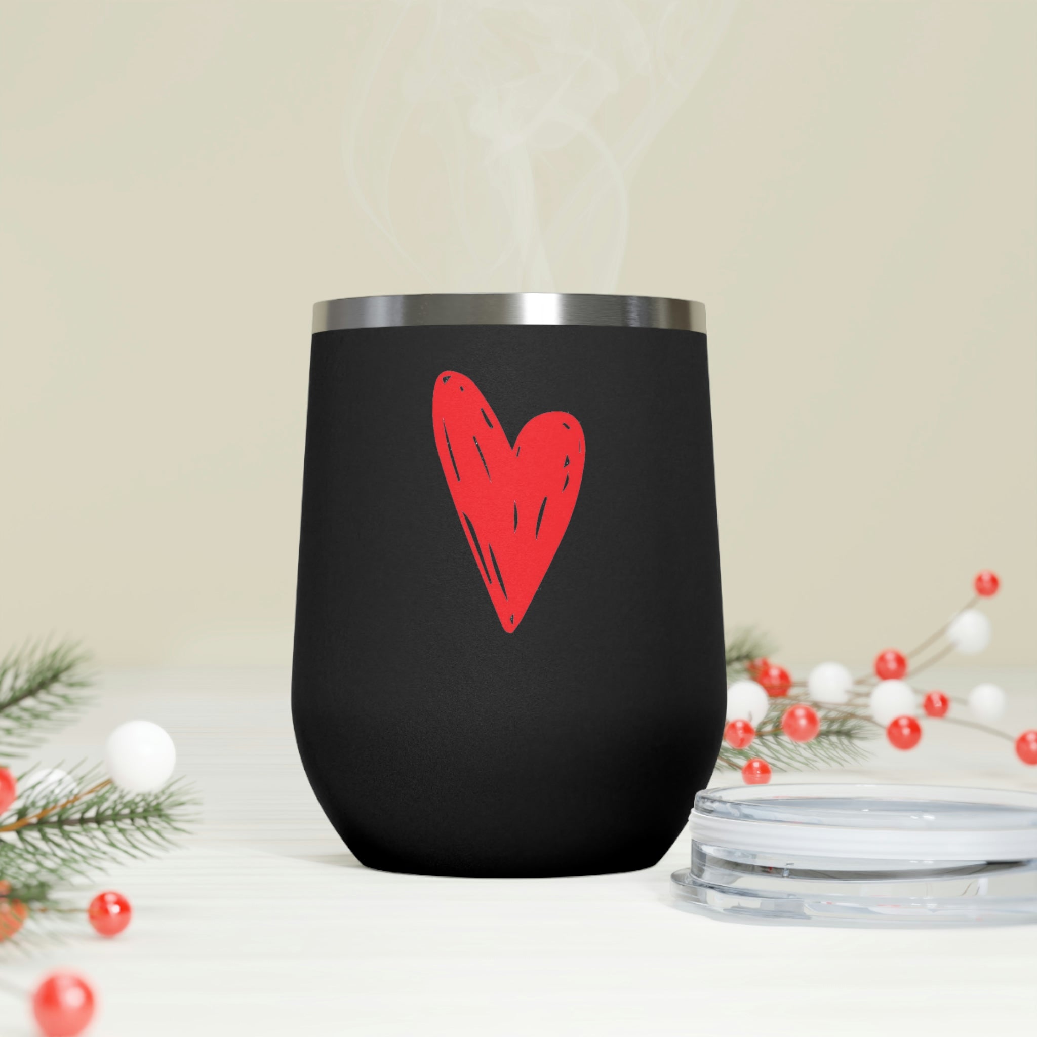 Hearts Wine Tumbler in stainless steel with a clear plastic lid, showcasing a stylish design perfect for hot and cold beverages.