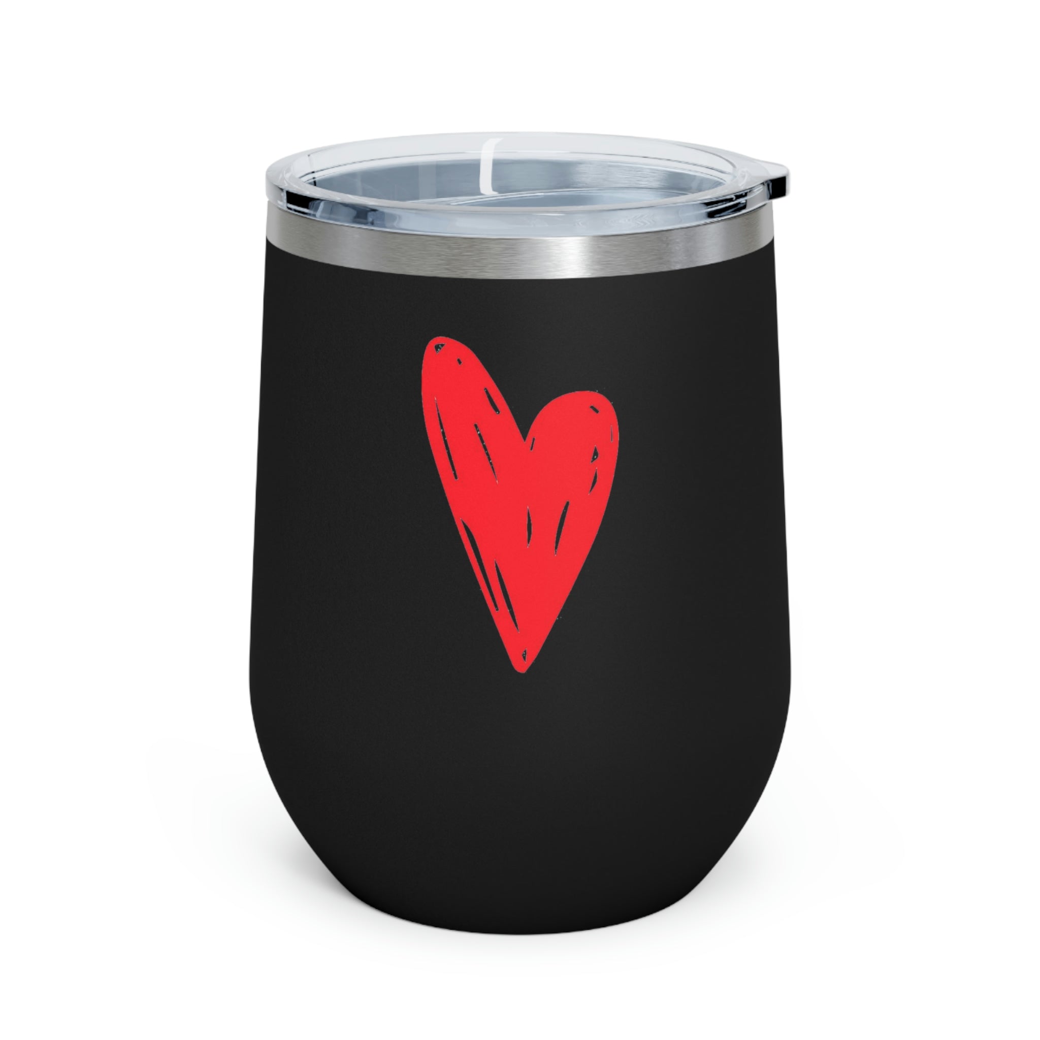 Hearts Wine Tumbler in stainless steel with a clear plastic lid, showcasing a stylish design perfect for hot and cold beverages.