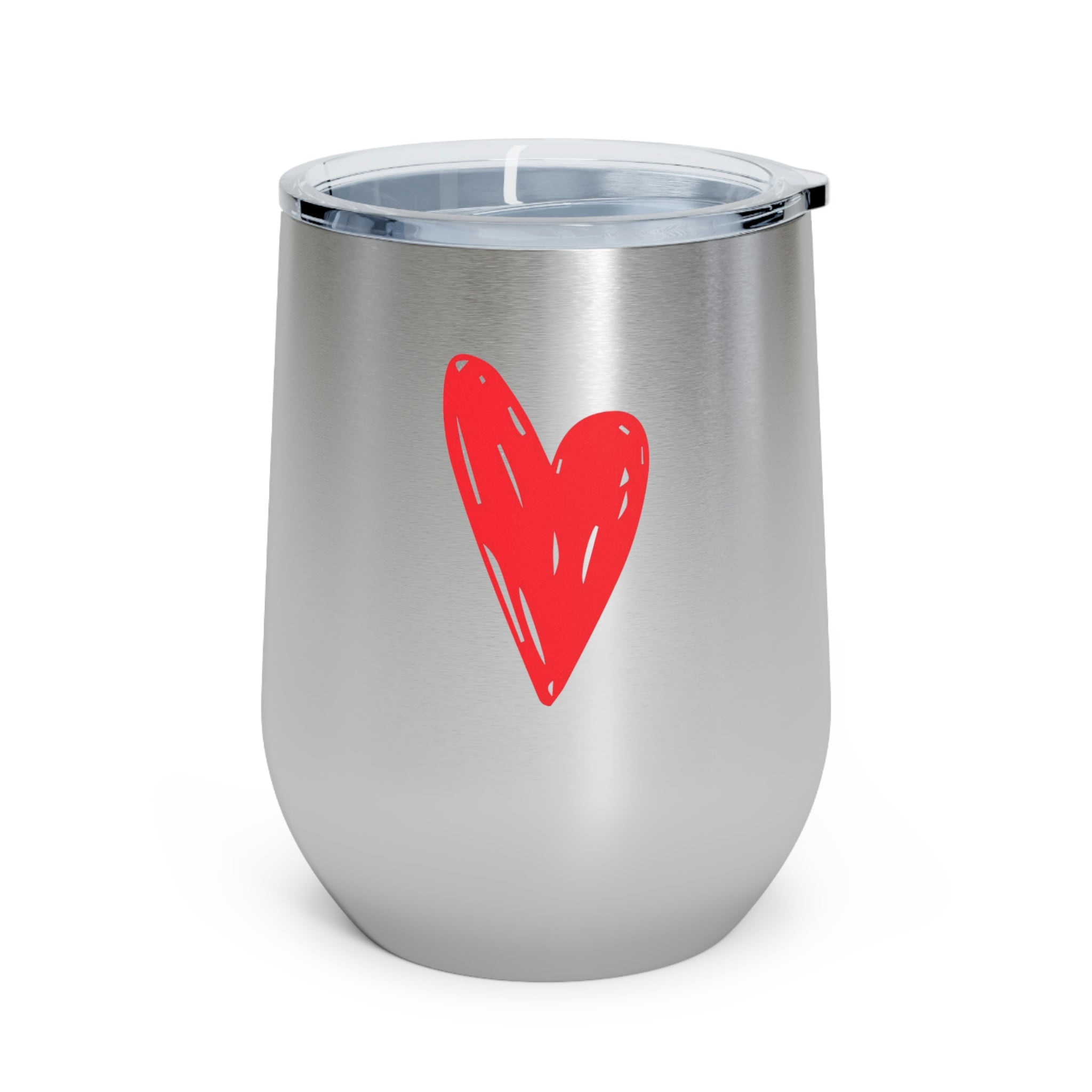 Hearts Wine Tumbler in stainless steel with a clear plastic lid, showcasing a stylish design perfect for hot and cold beverages.