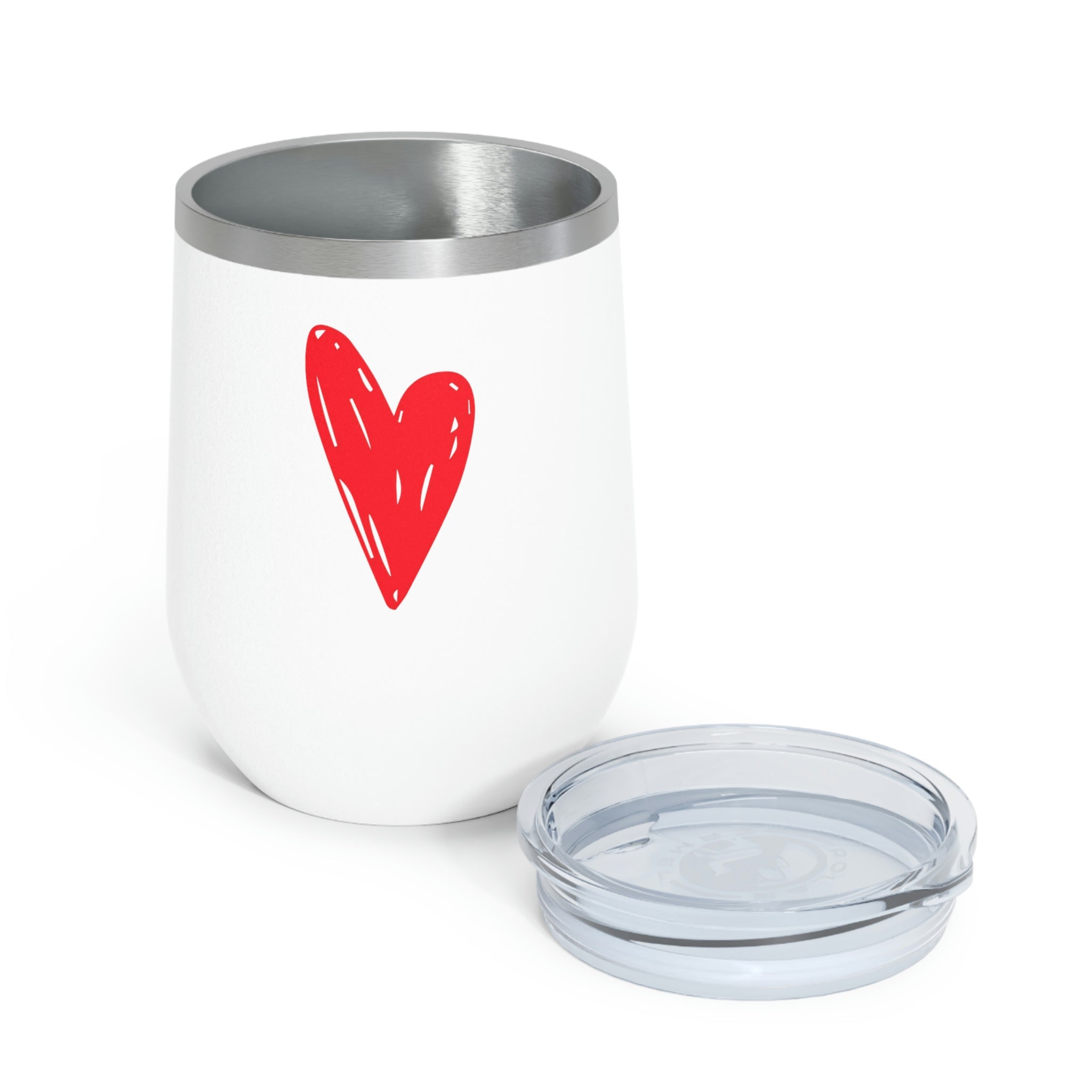 Hearts Wine Tumbler in stainless steel with a clear plastic lid, showcasing a stylish design perfect for hot and cold beverages.