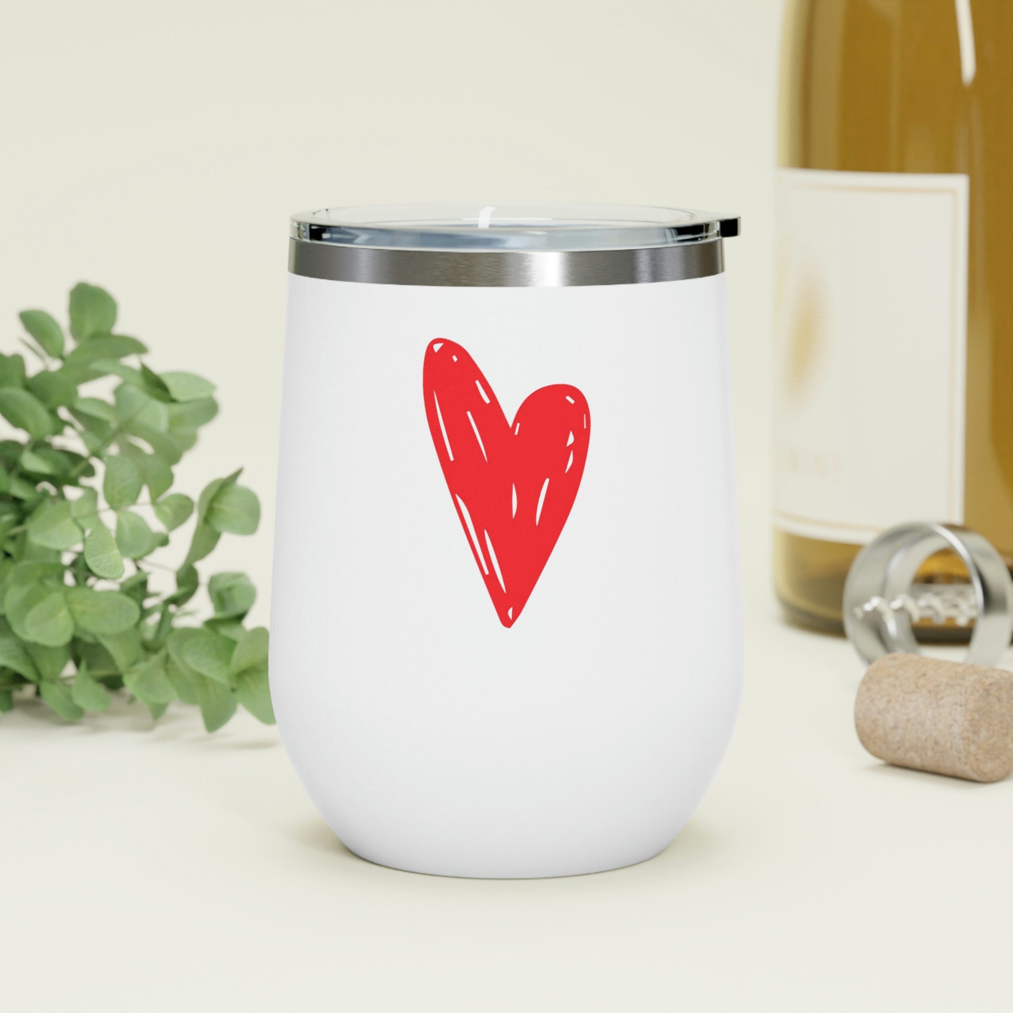 Hearts Wine Tumbler in stainless steel with a clear plastic lid, showcasing a stylish design perfect for hot and cold beverages.