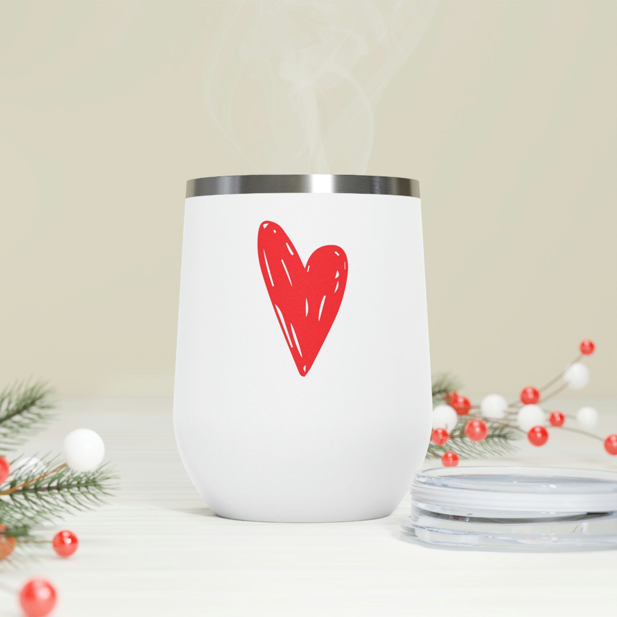 Hearts Wine Tumbler in stainless steel with a clear plastic lid, showcasing a stylish design perfect for hot and cold beverages.