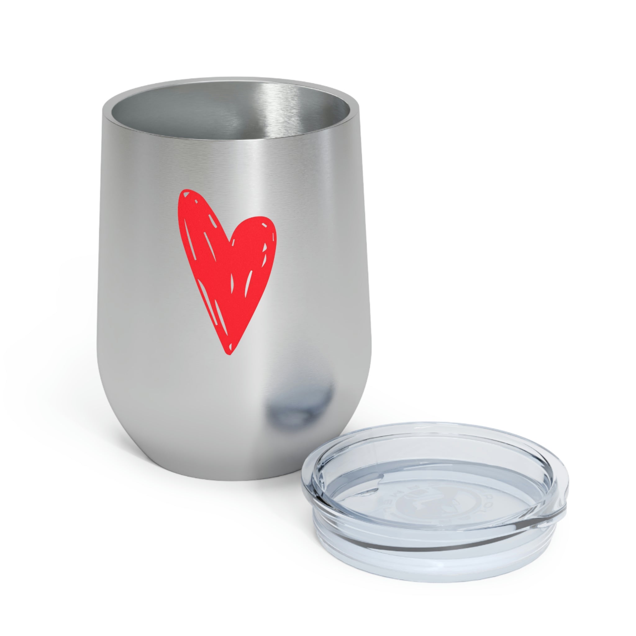 Hearts Wine Tumbler in stainless steel with a clear plastic lid, showcasing a stylish design perfect for hot and cold beverages.