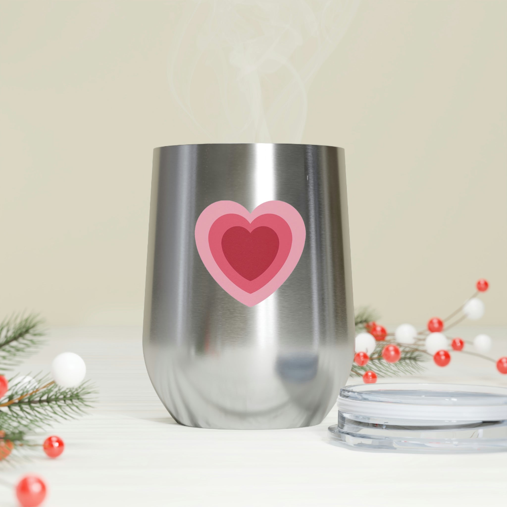 Hearts Wine Tumbler in stainless steel with a clear plastic lid, showcasing a stylish design perfect for hot and cold beverages.