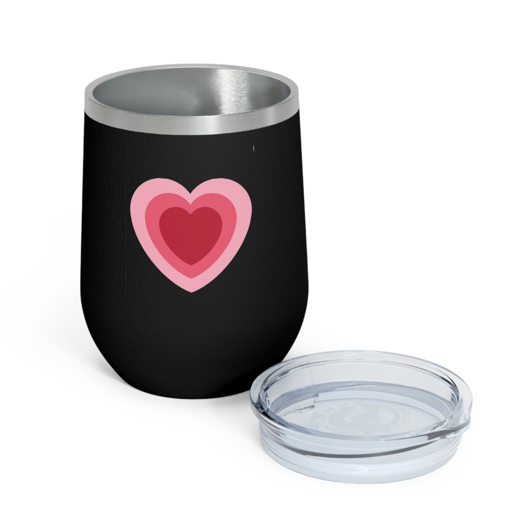 Hearts Wine Tumbler in stainless steel with a clear plastic lid, showcasing a stylish design perfect for hot and cold beverages.