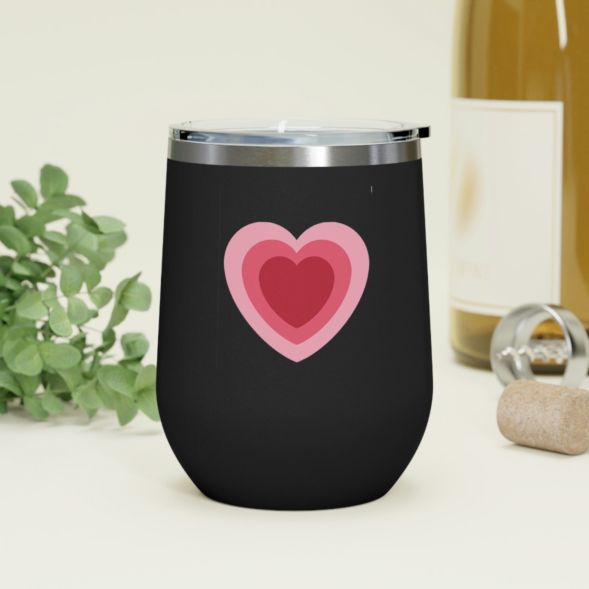 Hearts Wine Tumbler in stainless steel with a clear plastic lid, showcasing a stylish design perfect for hot and cold beverages.